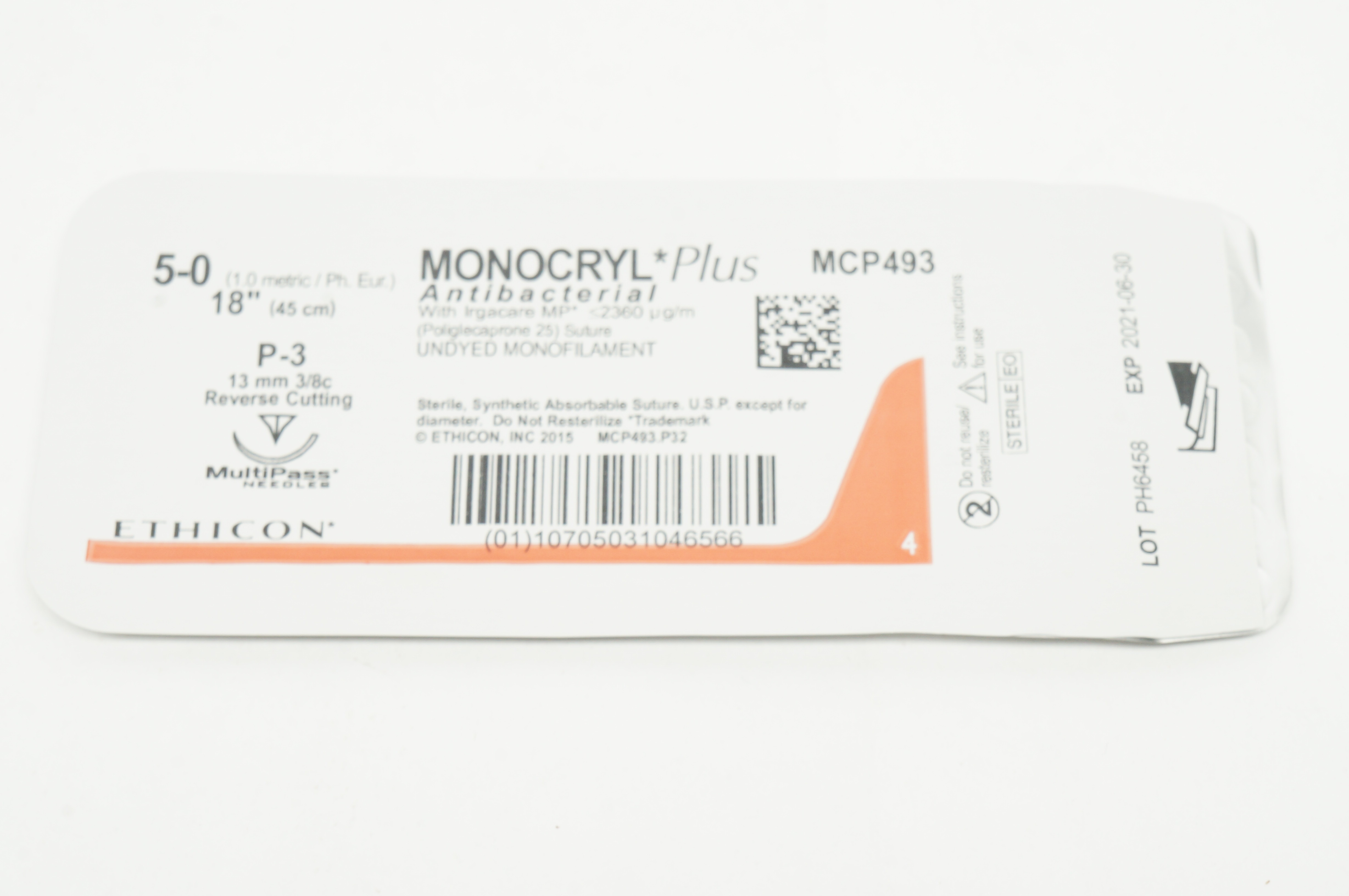 Ethicon MCP493 5-0 MONOCRYL Plus Stre P-3 13mm 3/8c Reverse Cutting 18inch (x)