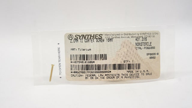 Synthes 401.016 2.0mm Titanium Cortex Screw 16mm