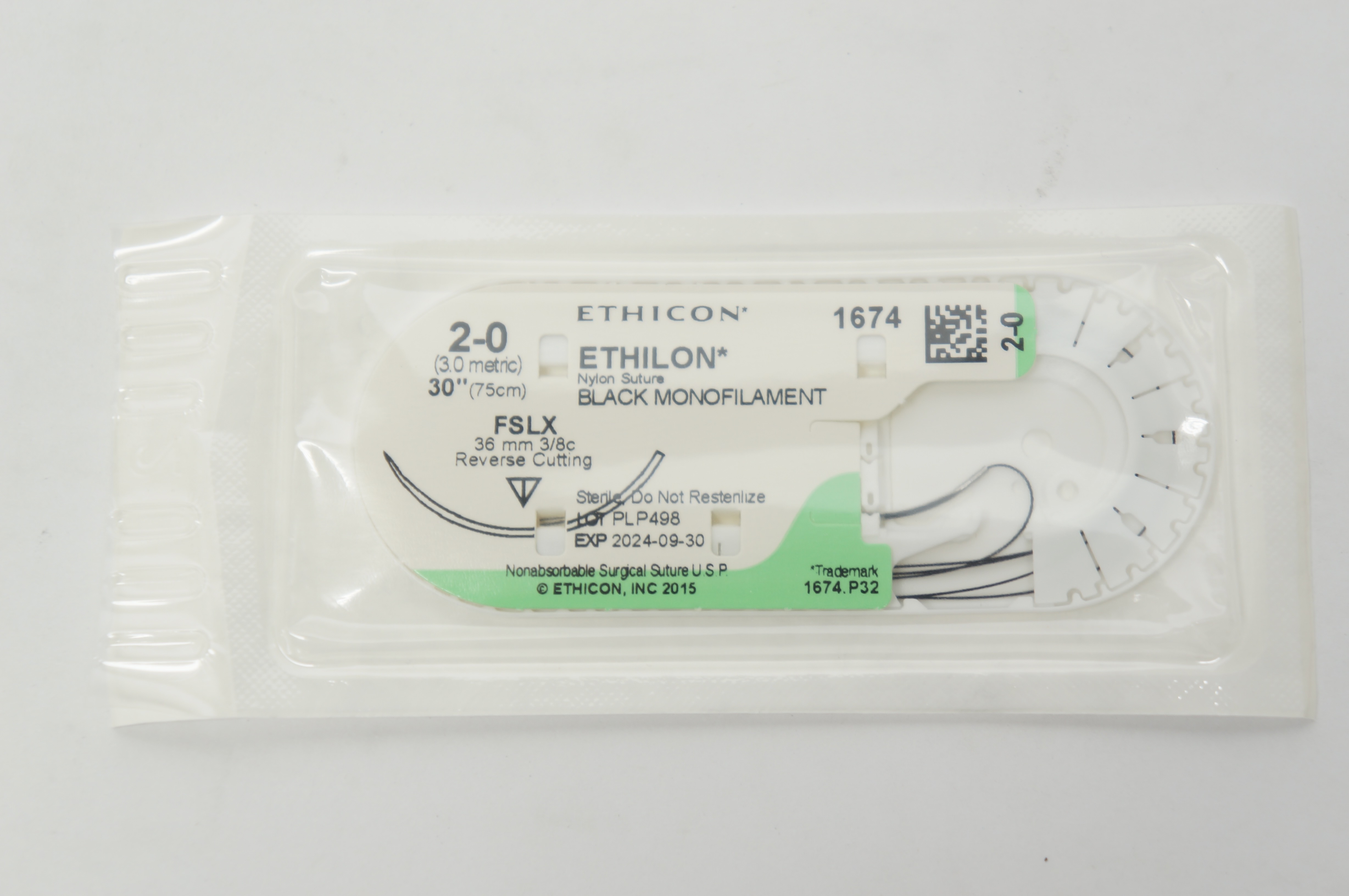 Ethicon 1674 2-0 ETHILON, FSLX, 36mm 3/8c Reverse Cutting, 30inch