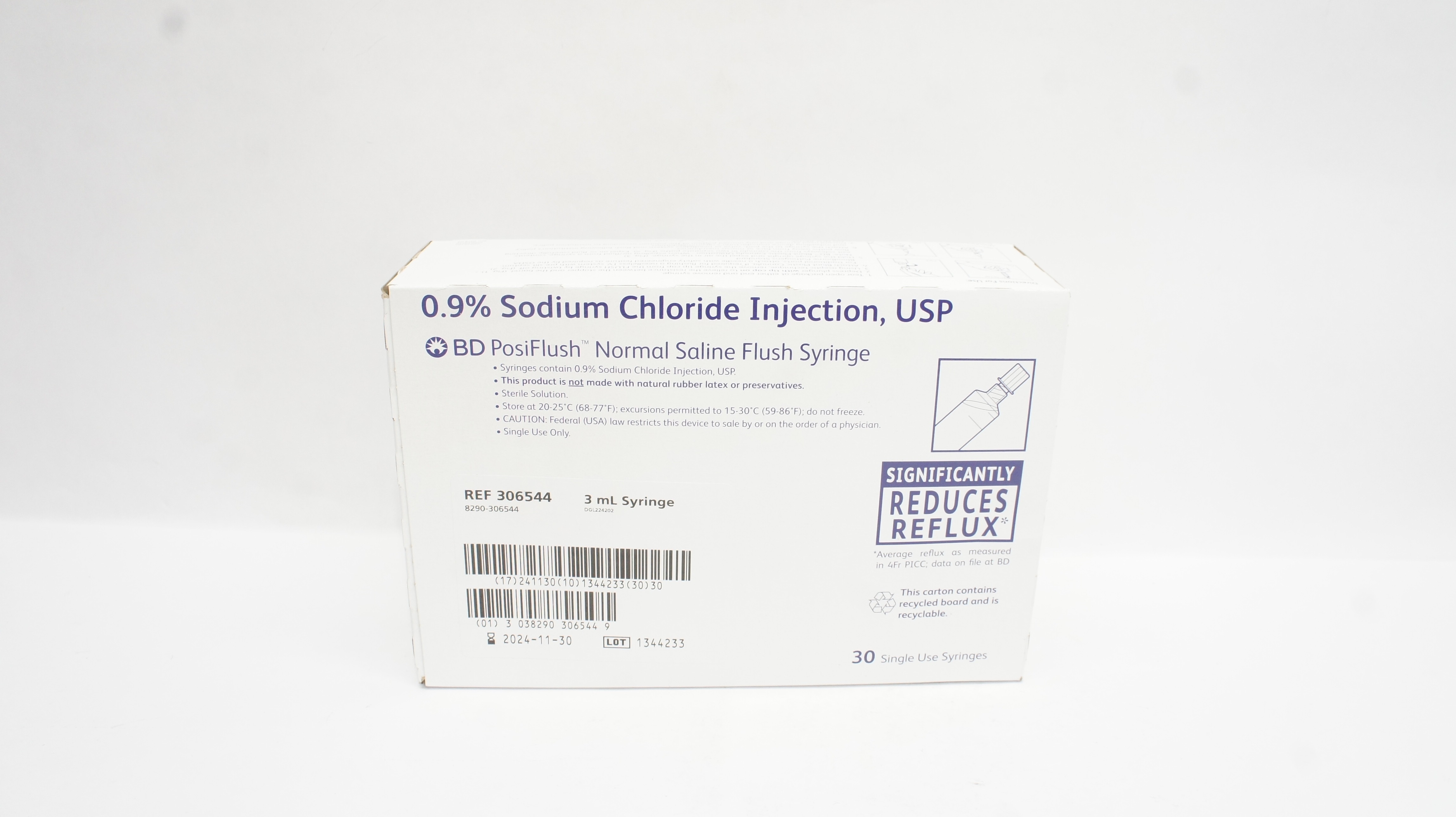 BD 306544 PosiFlush Normal Saline Flush Syringe 3mL - Box of 30