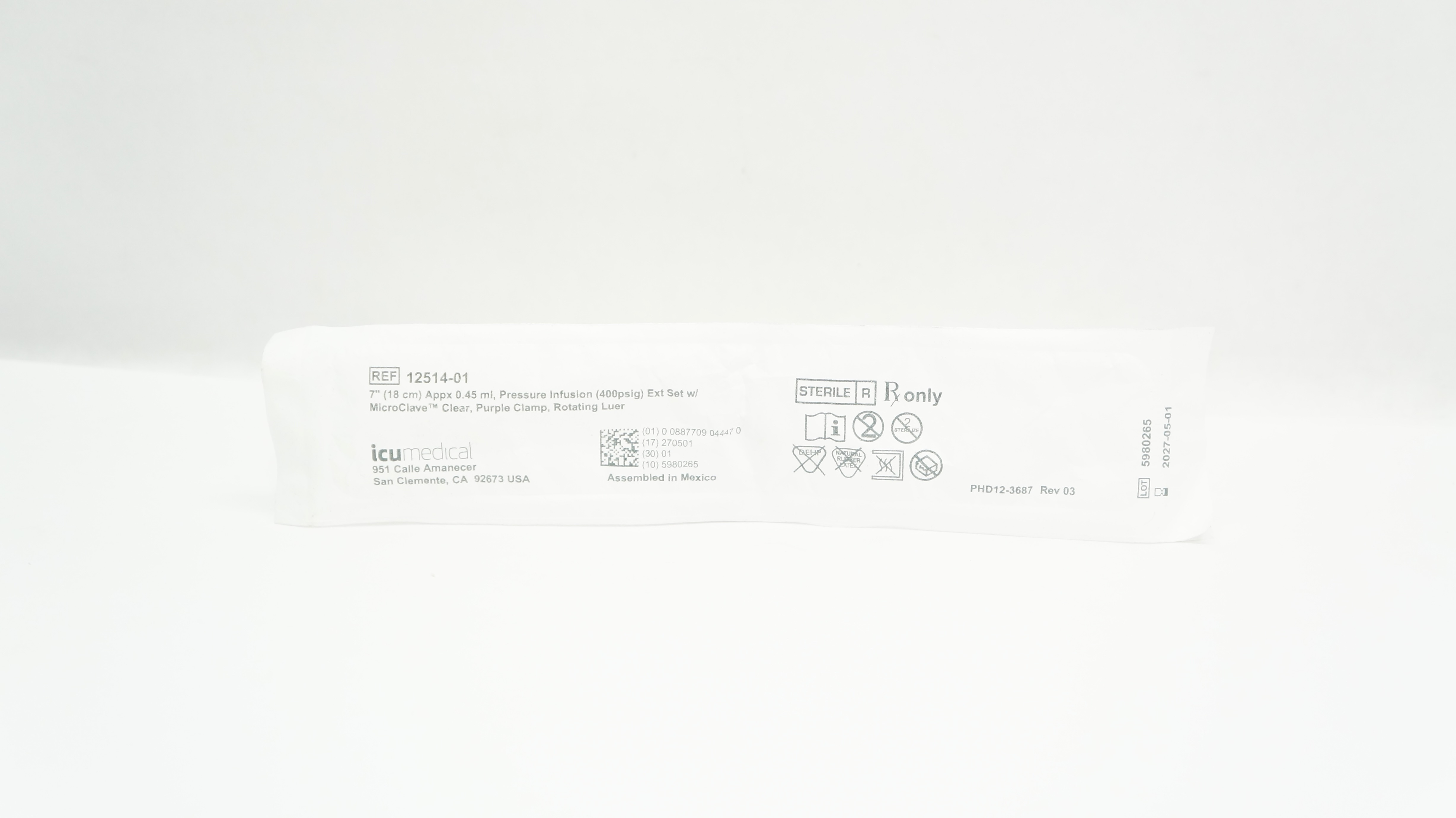 ICU Medical 12514-01 Pressure Infusion Extension Set 7inch x 0.45mL