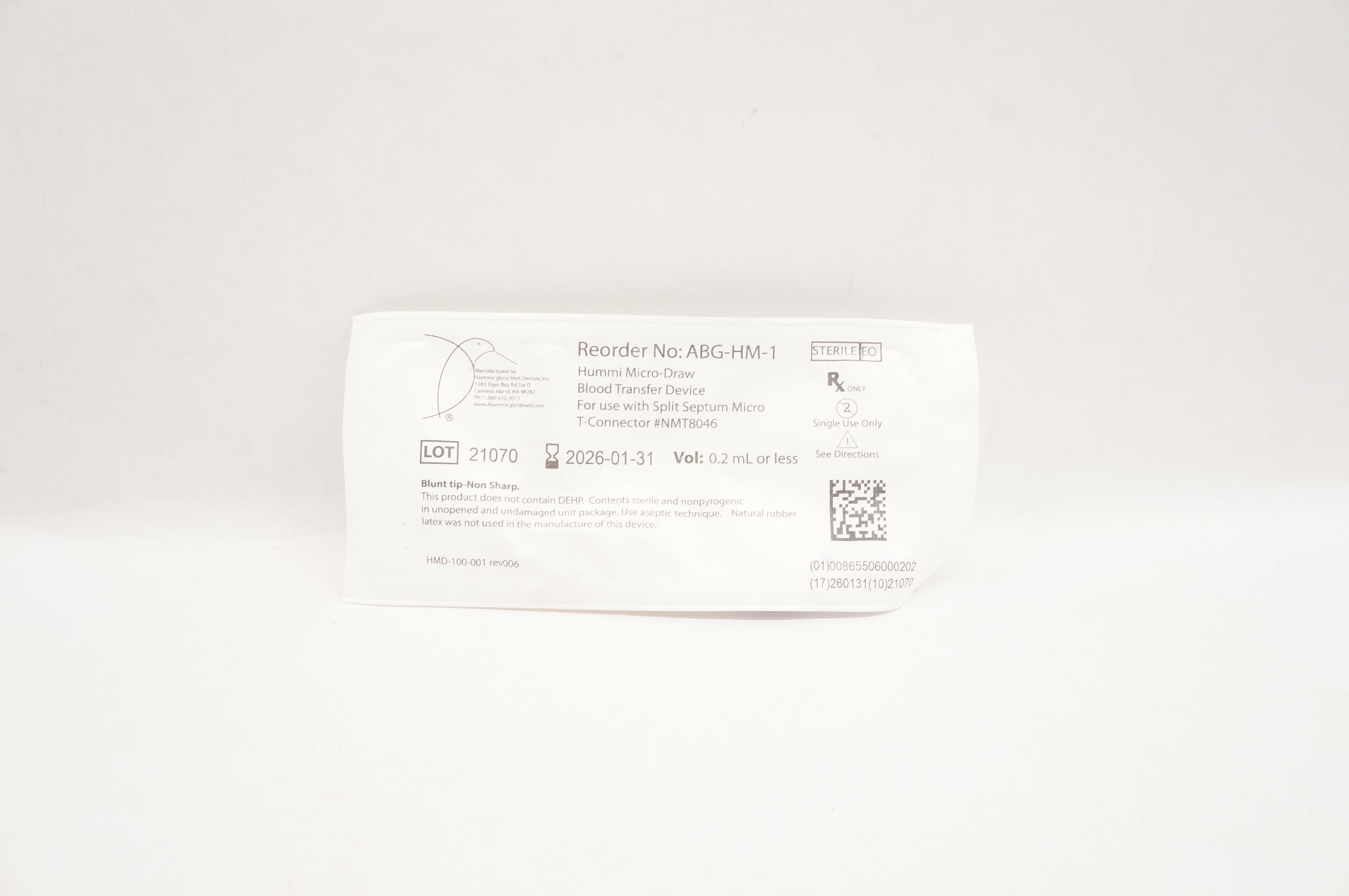 Hummi Hummingbird ABG-HM-1 Hummi Micro-Draw Blood Transfer Device
