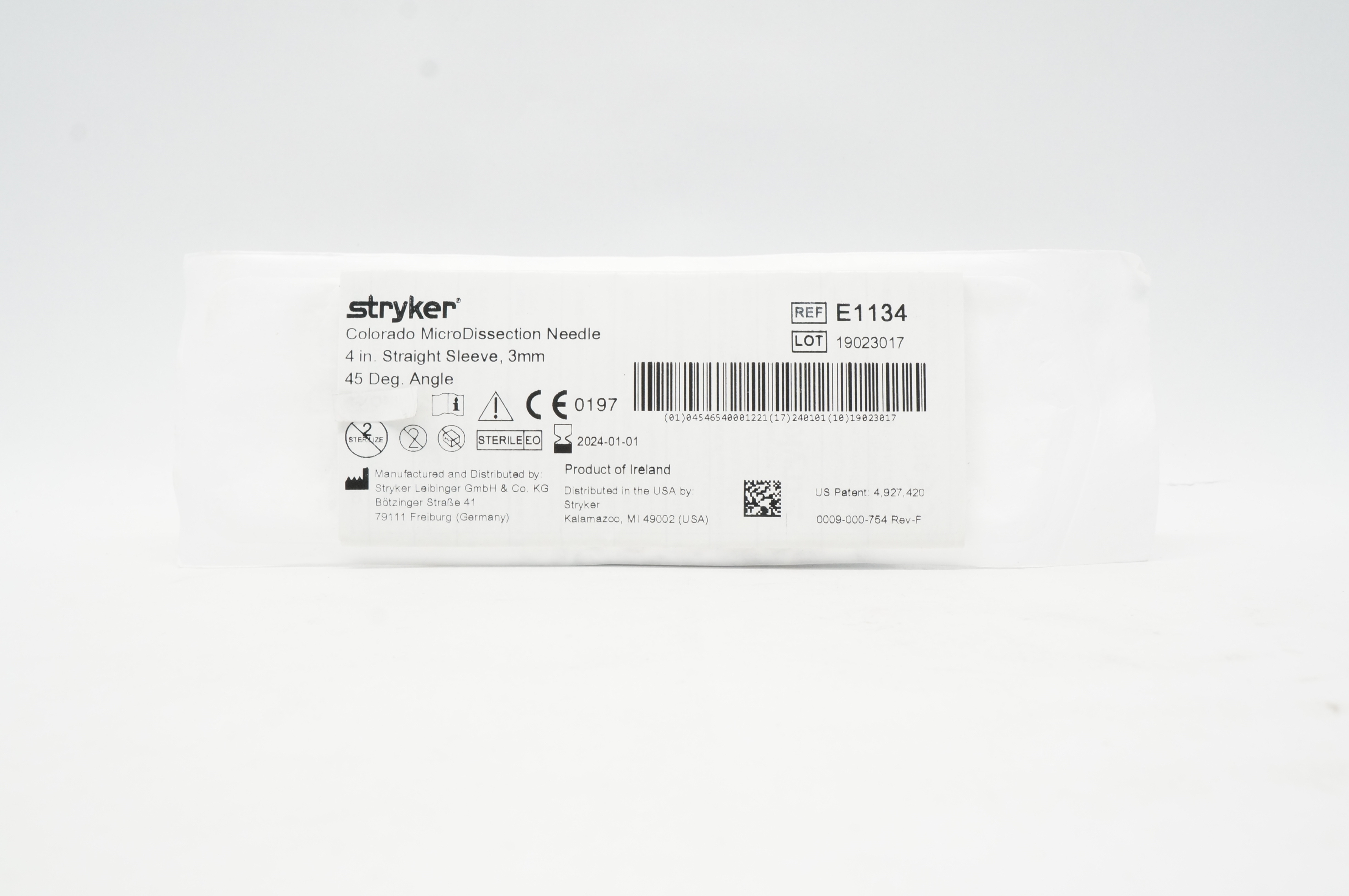 Stryker E1134 Colorado MicroDissection Ndle 4in. Straight Sleeve 3mm 45Deg.