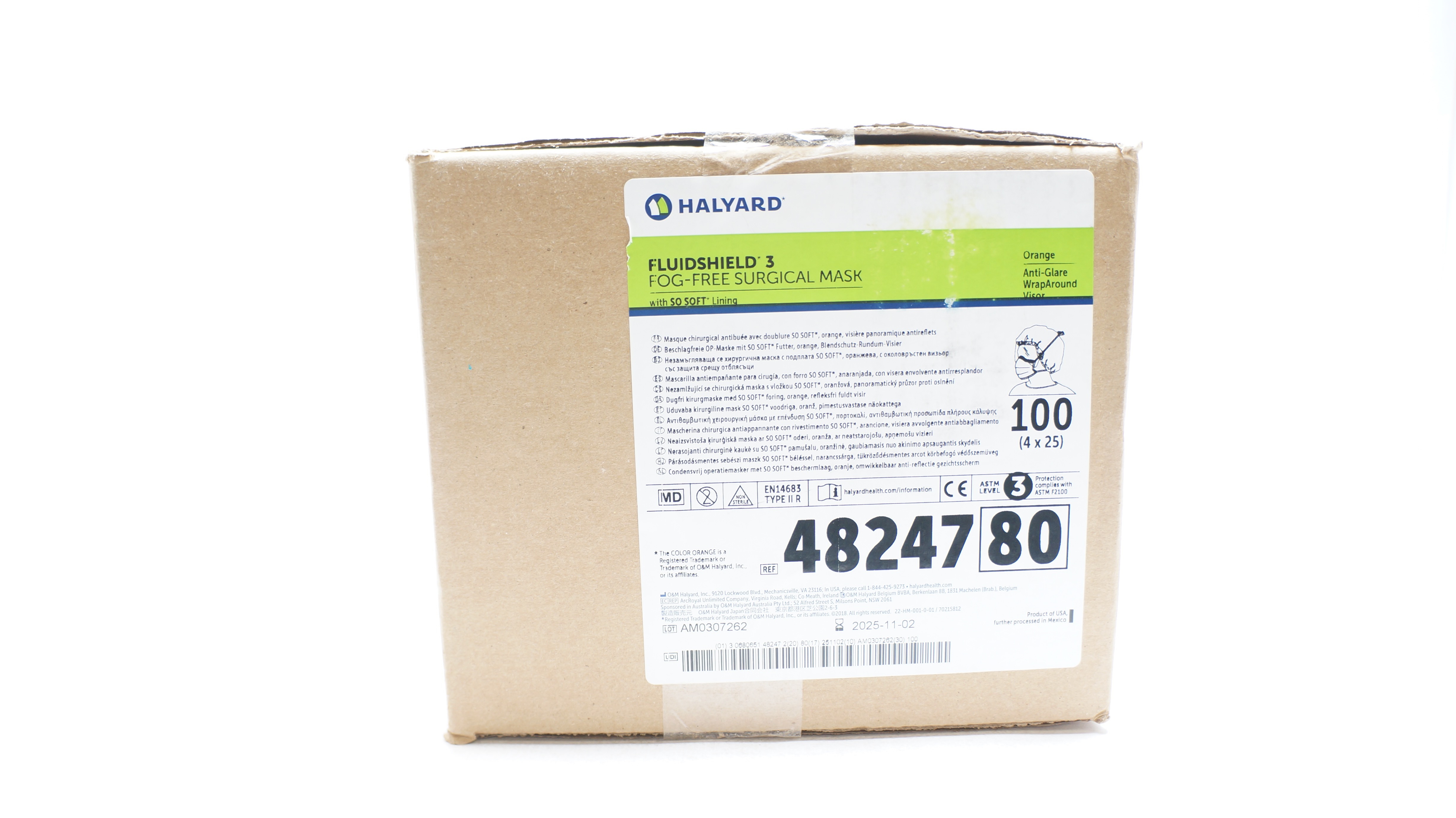Halyard 48247 Fluidshield 3 Fog-Free Surgical Mask ASTM Level 3 - Case of 100
