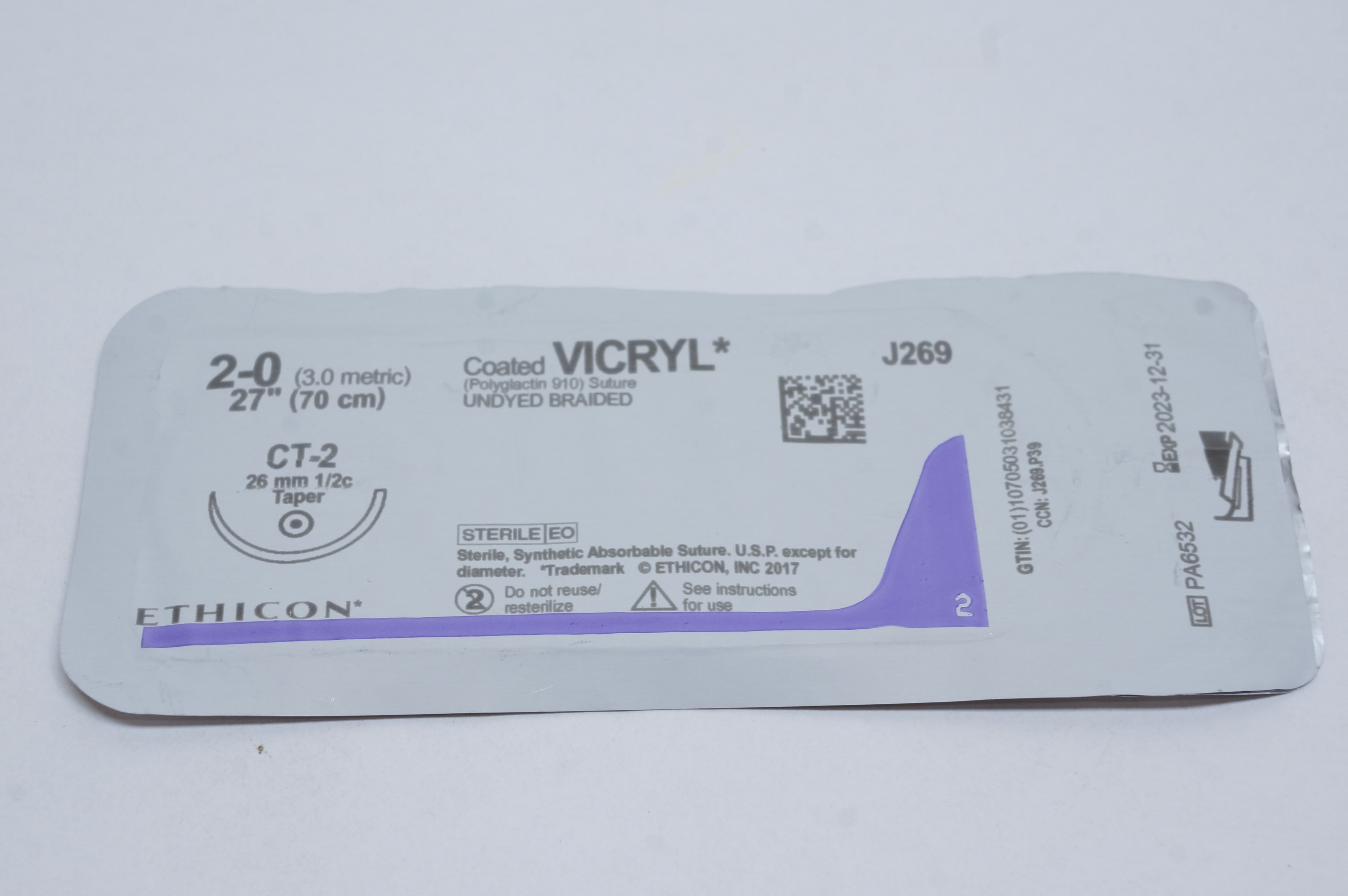 Ethicon J269 2-0 VICRYL, CT-2, 26mm 1/2c Taper, 27inch