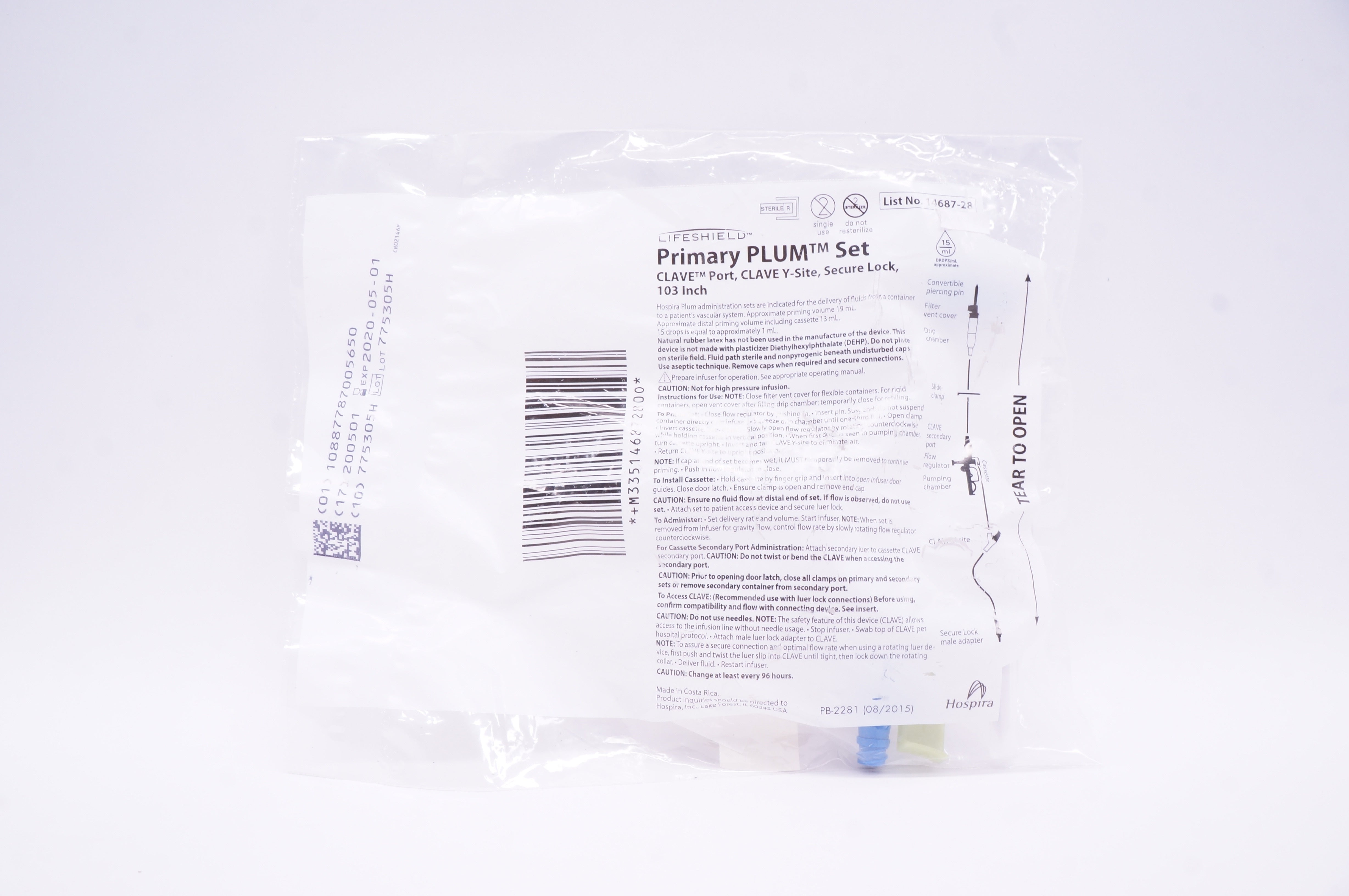 Hospira 14687-28 Lifeshield Primary Plum Set Clave Port Y-Site 103 inch (x)