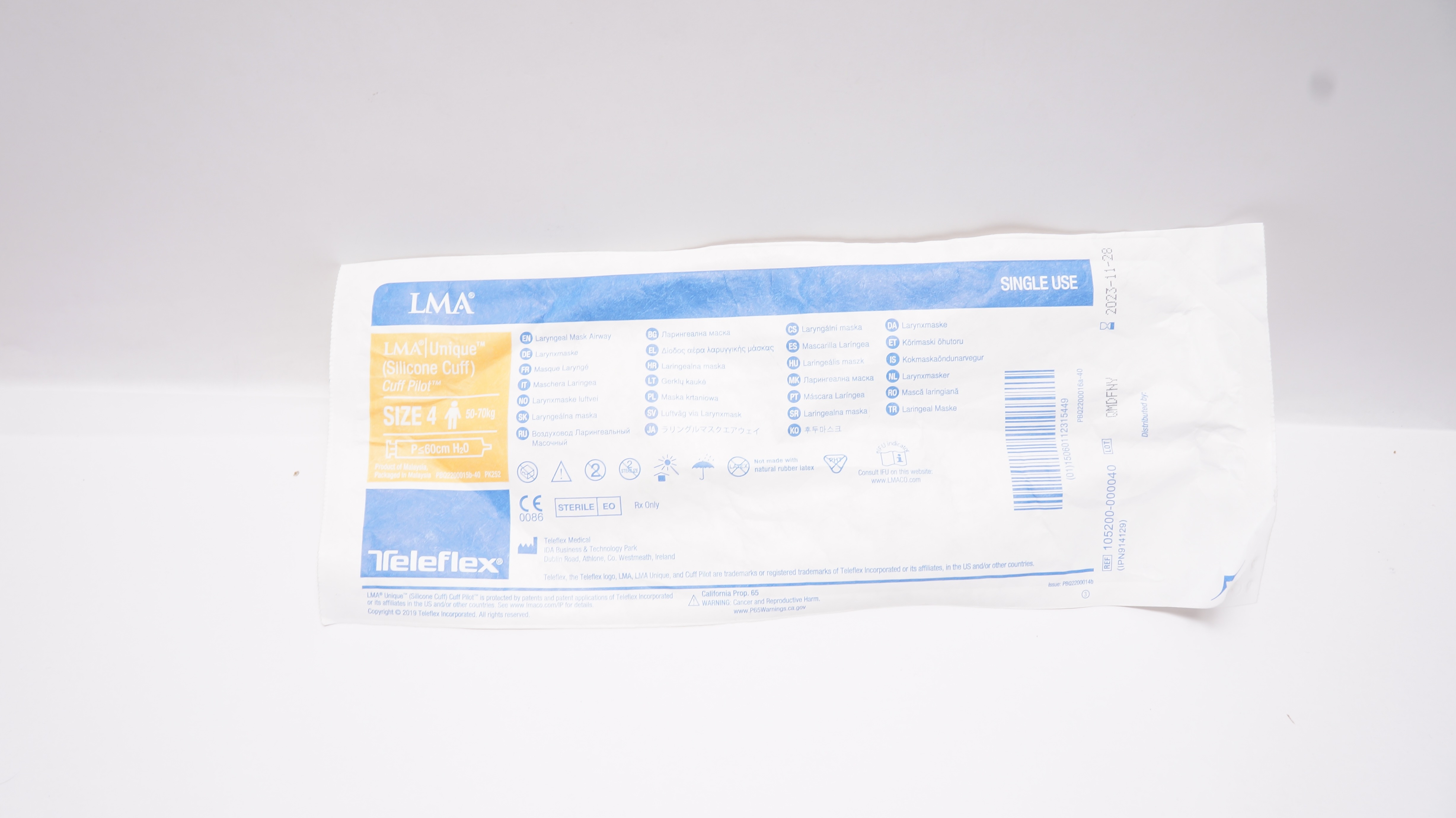Teleflex 105200-000040 LMA Unique Laryngeal MaskAirway Size 4 50-70kg (x)