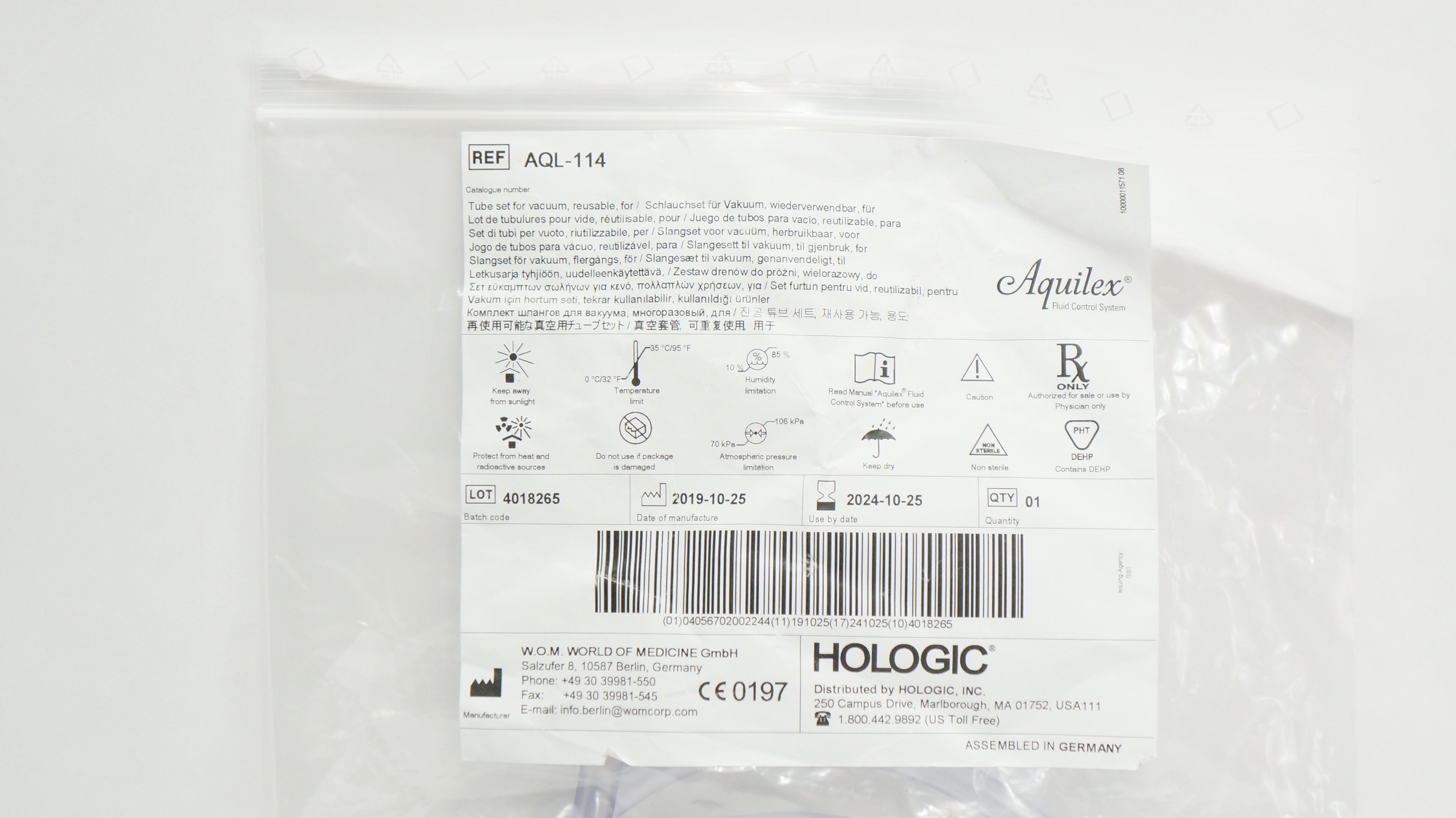 W.O.M. AQL-114 Hologic Aquilex Fluid Contol System Reusable Vacuum Tube Set