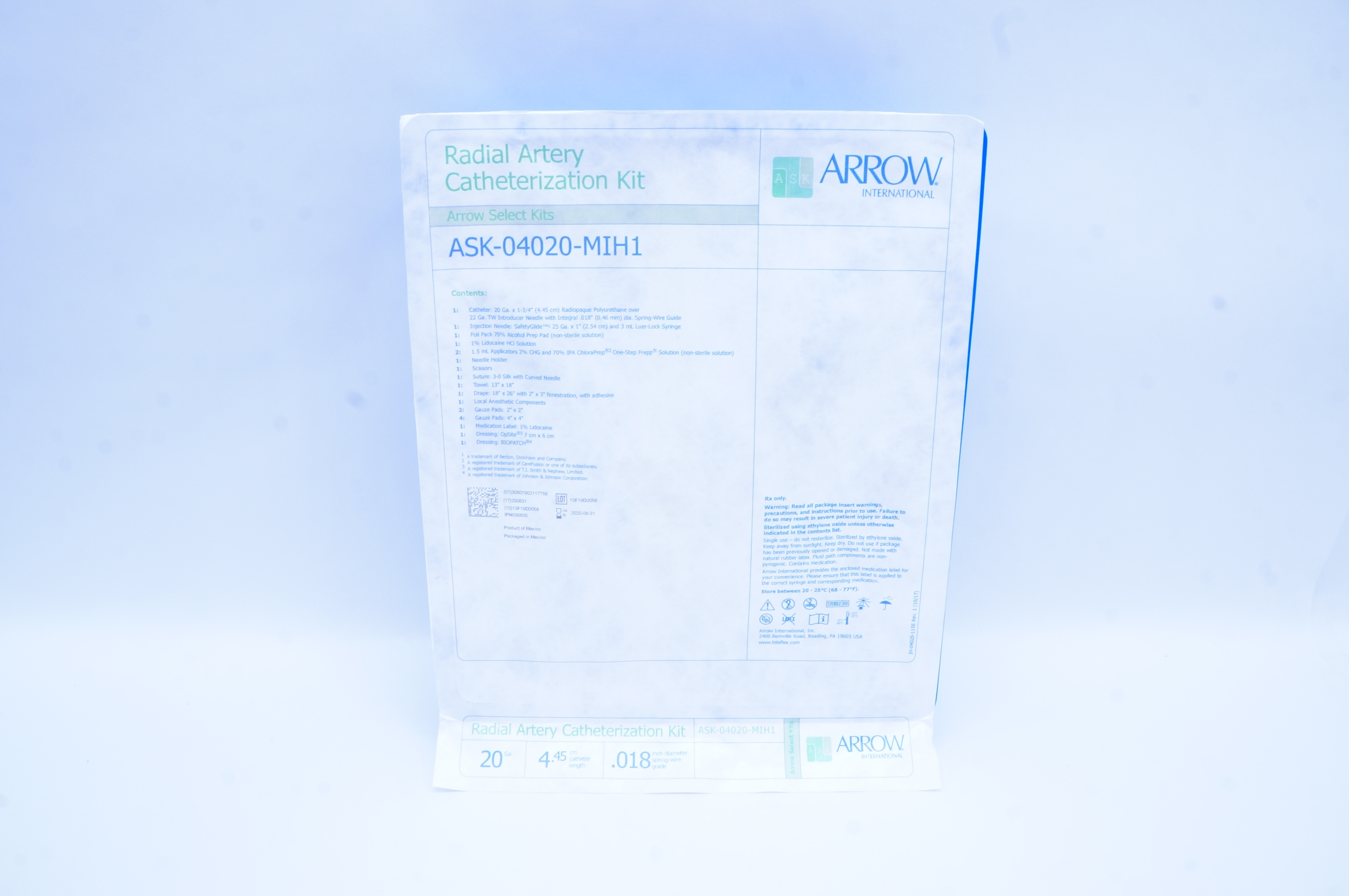 Arrow ASK-04020-MIH1 Radial Artery Cath. Kit  20Ga x 4.45 cm x .018 inch (x)