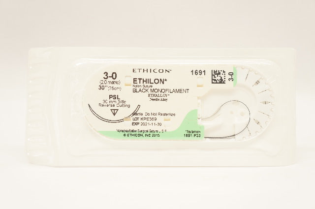 Ethicon 1691 3-0 ETHILON PSL 30mm 3/8c Reverse Cutting, 30inch (x)
