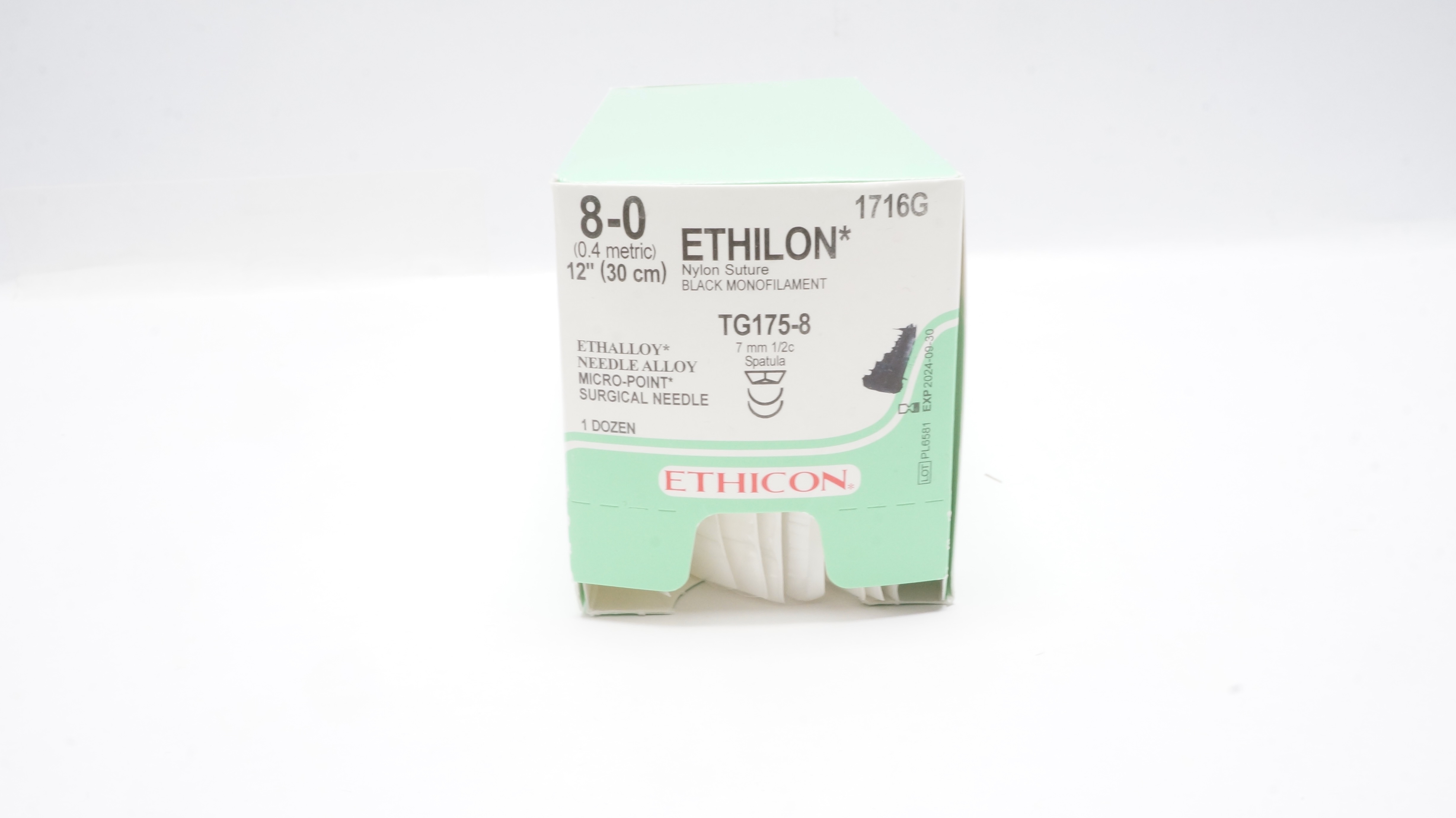 Ethicon 1716G 8-0 Ethilon Stre TG175-8 7mm 1/2c Spatula, 12inch (x) - Box of 8