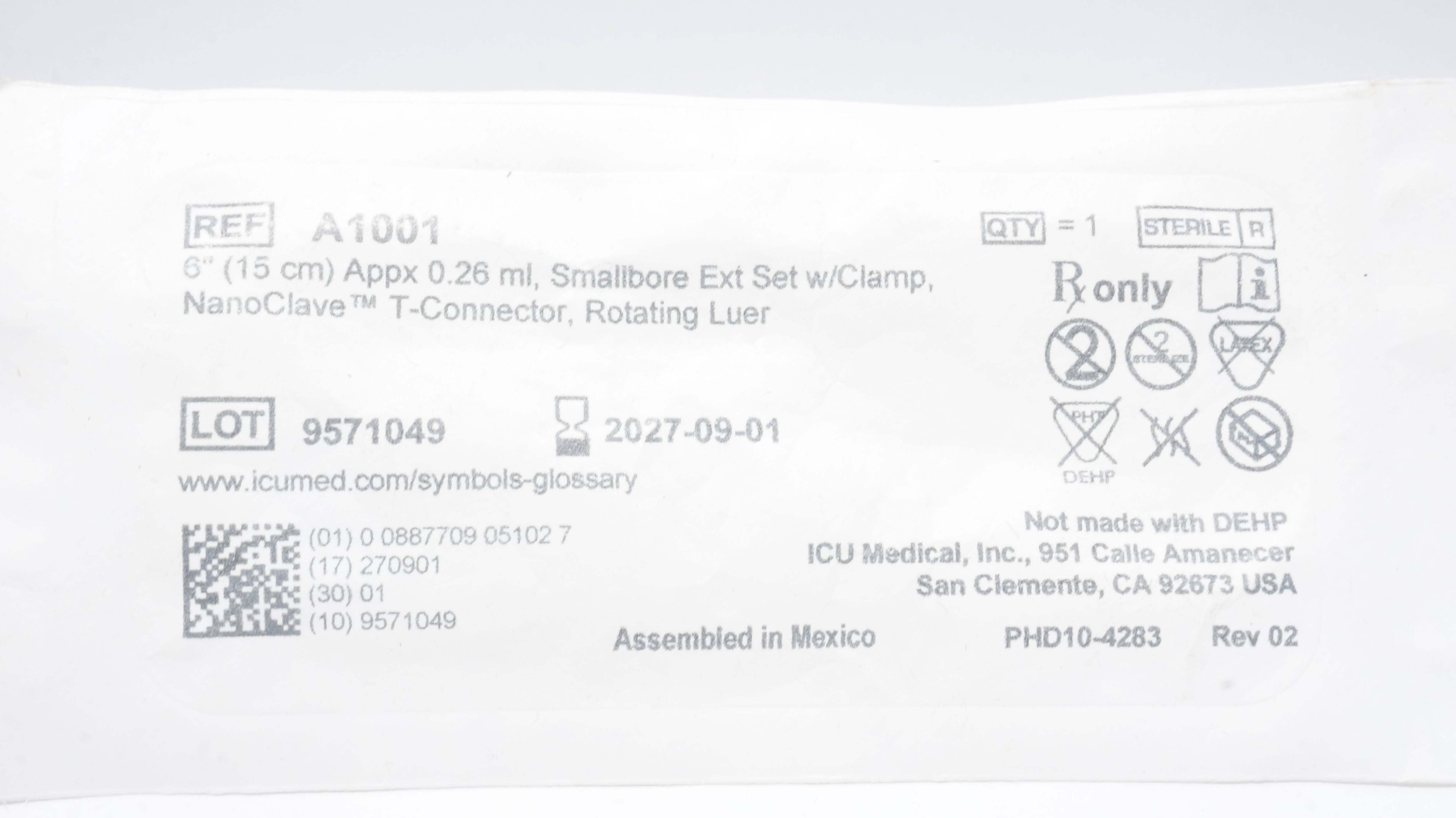 ICU Medical A1001 6inch Appx. 0.26ml, Smallbore Extension Set