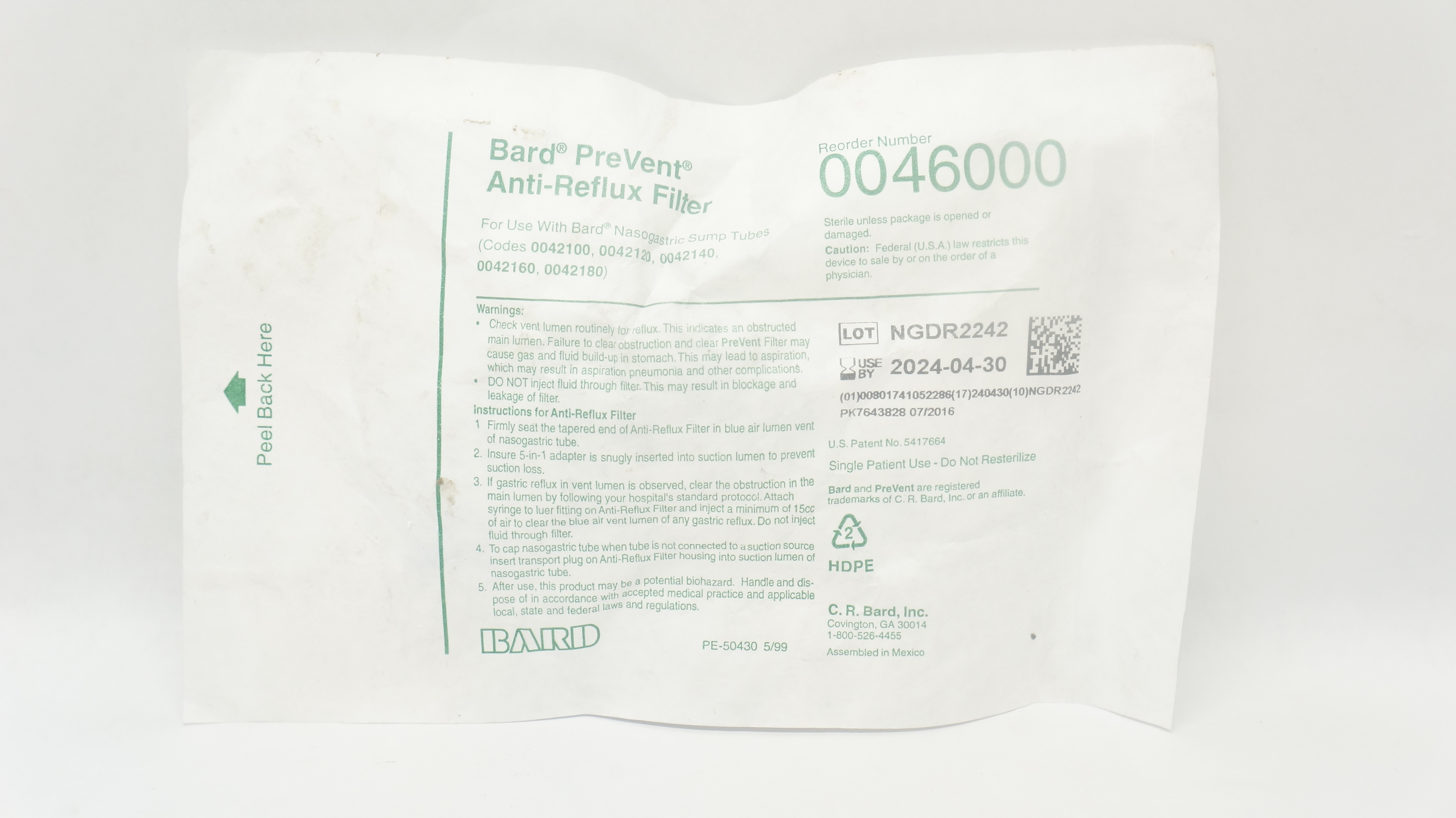 Bard 0046000 PreVent AntiReflux Filter