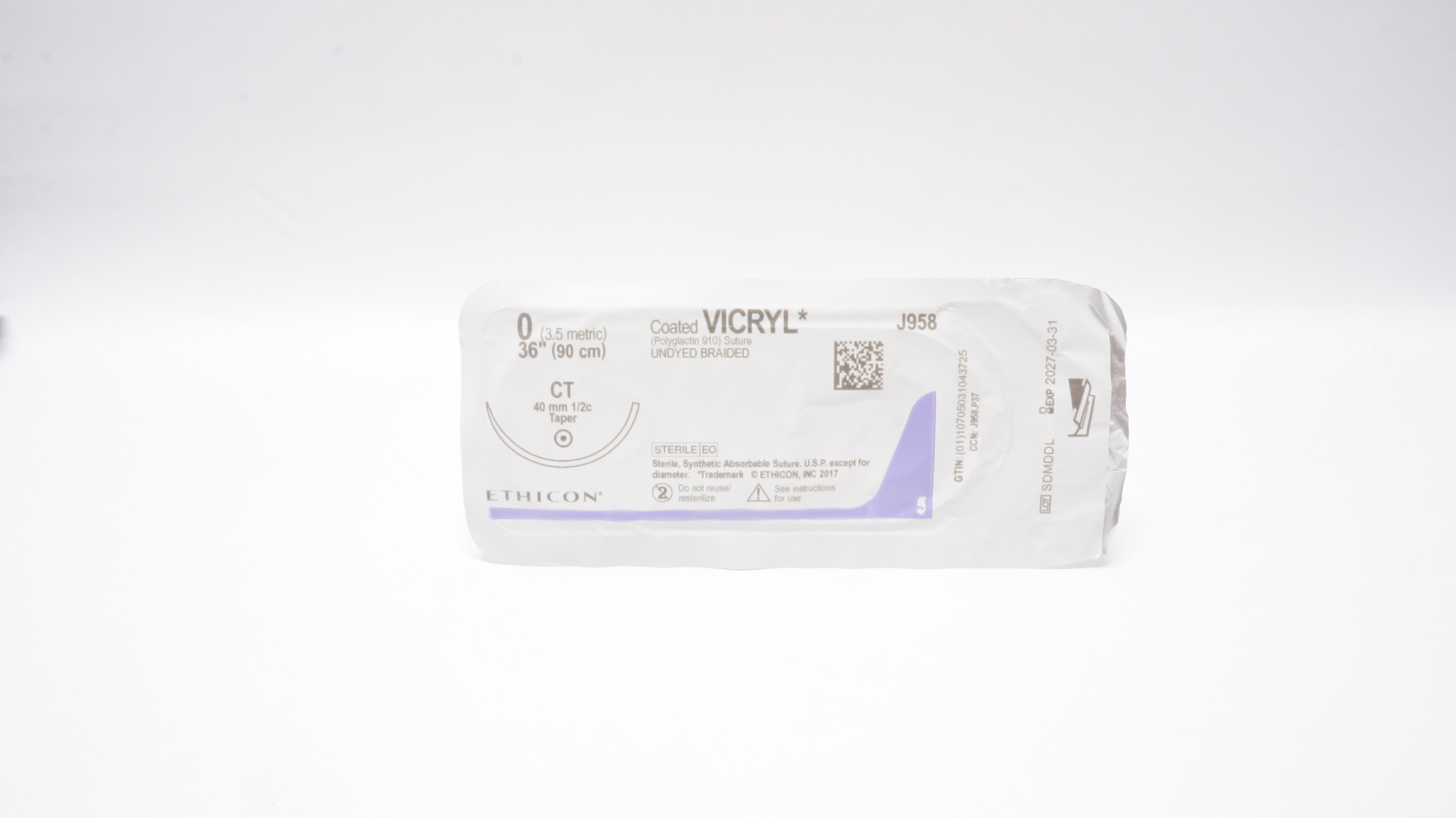 Ethicon J958 0 Coated VICRYL Polyglactin Stre CT 40mm 1/2c Taper, 36inch