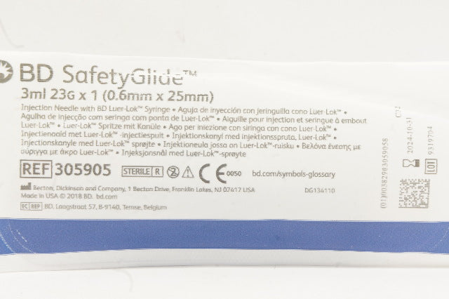 BD 305905 SafetyGlide Injection Ndle w/BD Luer-Lok Syringe 3ml x 23G x 1