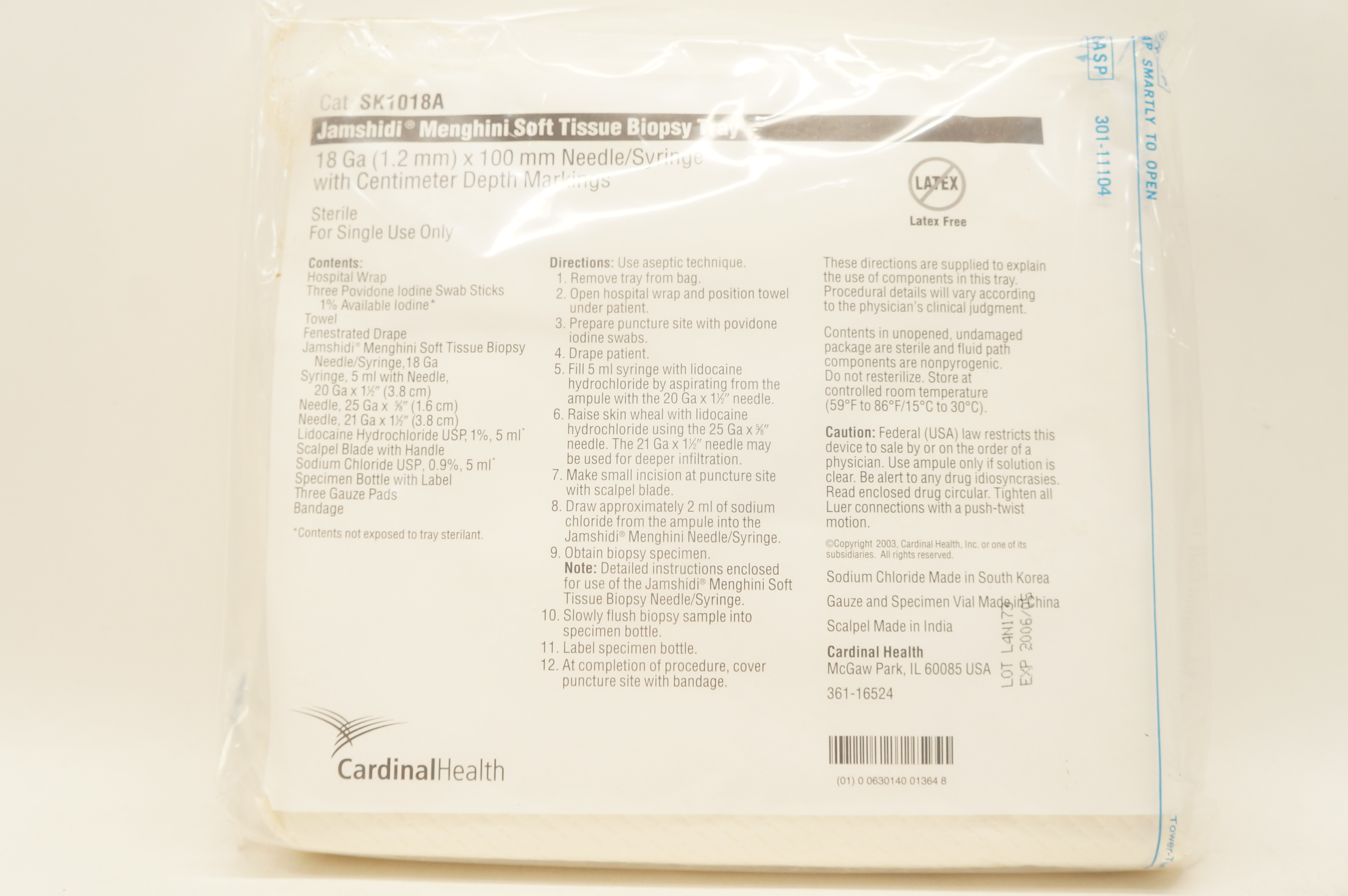 Cardinal Health SK1018A Jamshidi Menghini Soft Tissue Biopsy Tray 18Gax100mm (x)