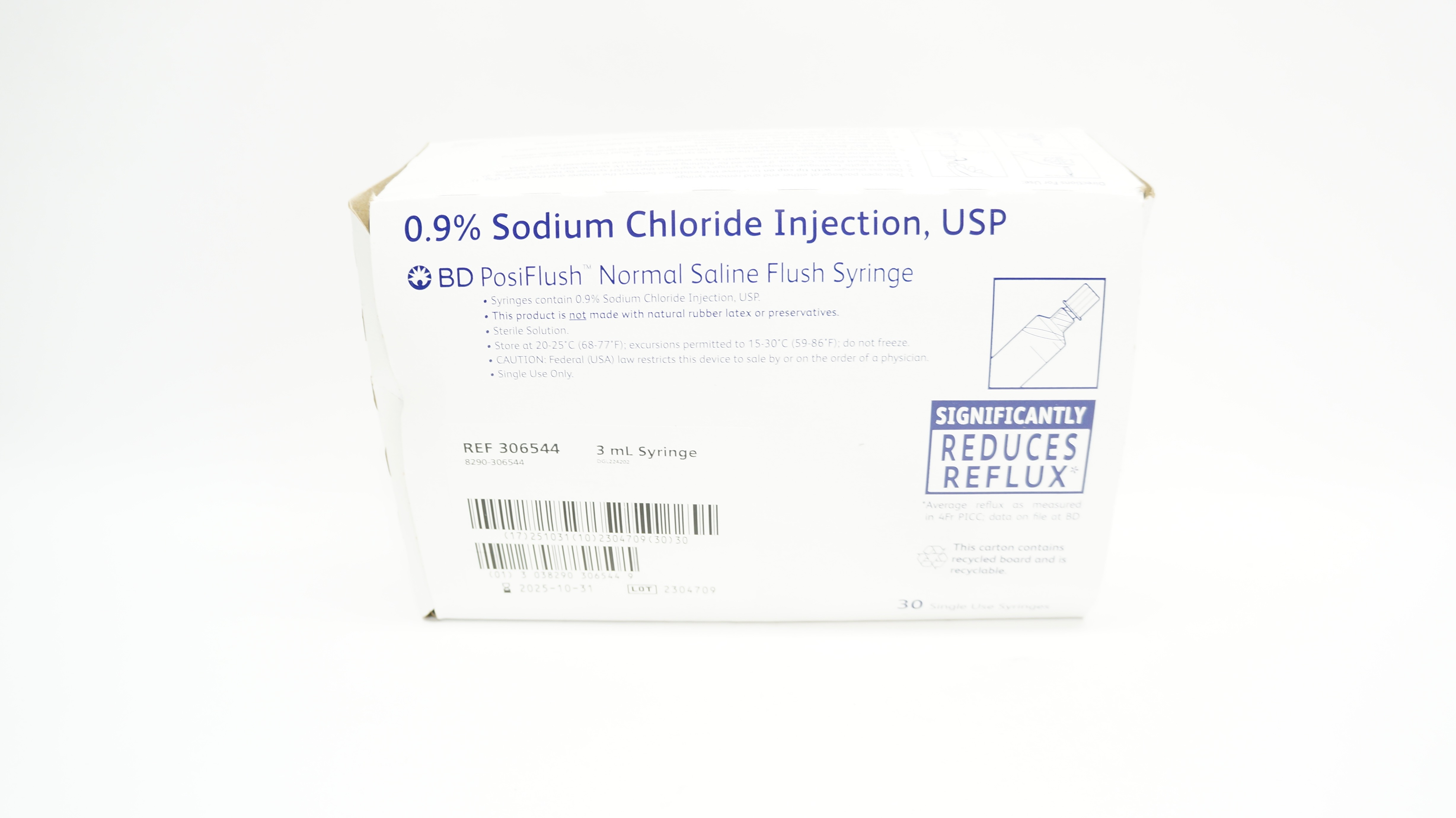 BD 306544 PosiFlush Saline Flush Syringe 3mL 0.9% Sodium Chloride - Box of 30