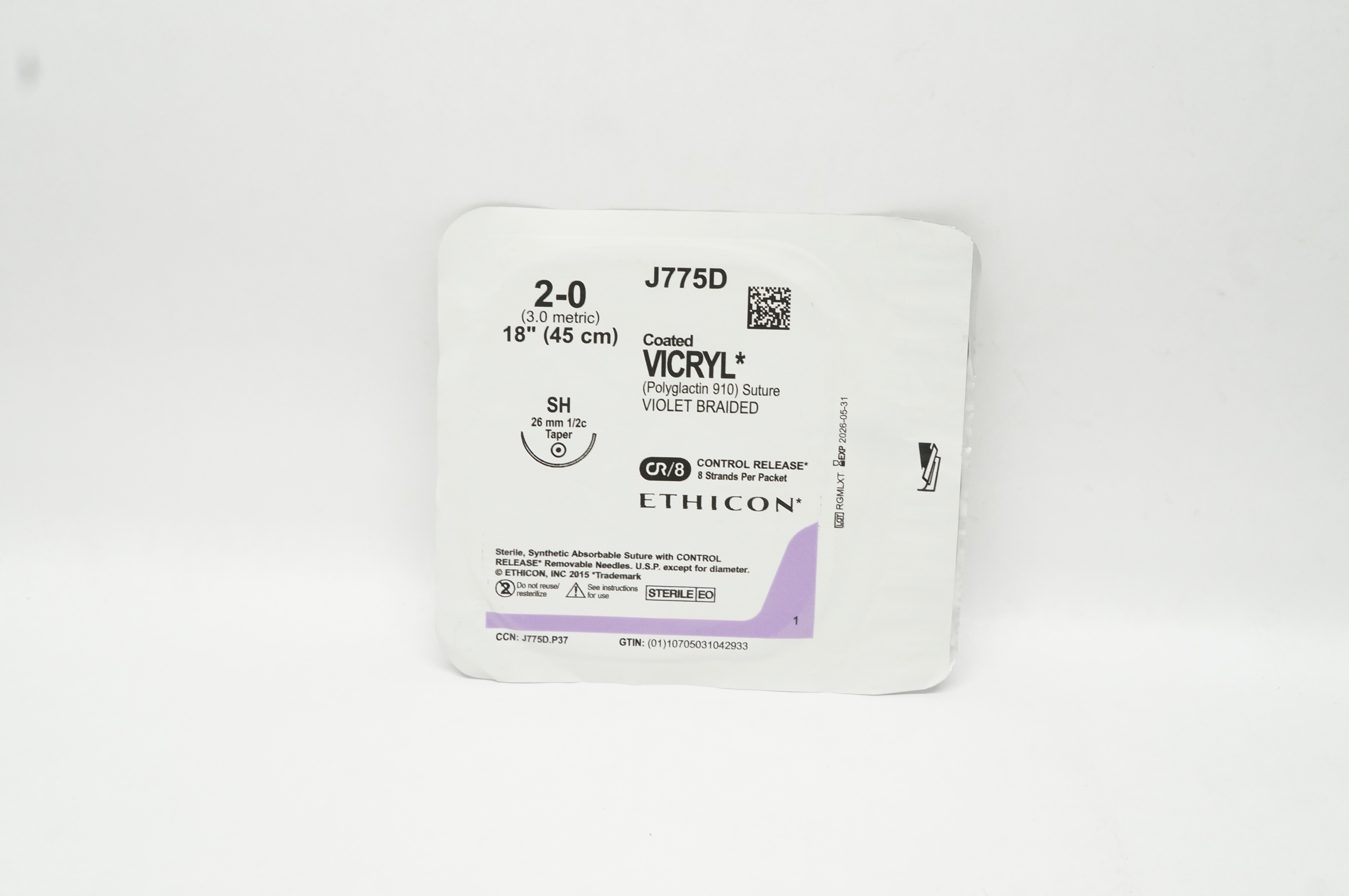 Ethicon J775D 2-0 Coated VICRYL (Polyglactin 910) Stre SH 26mm 1/2c Taper 18inch