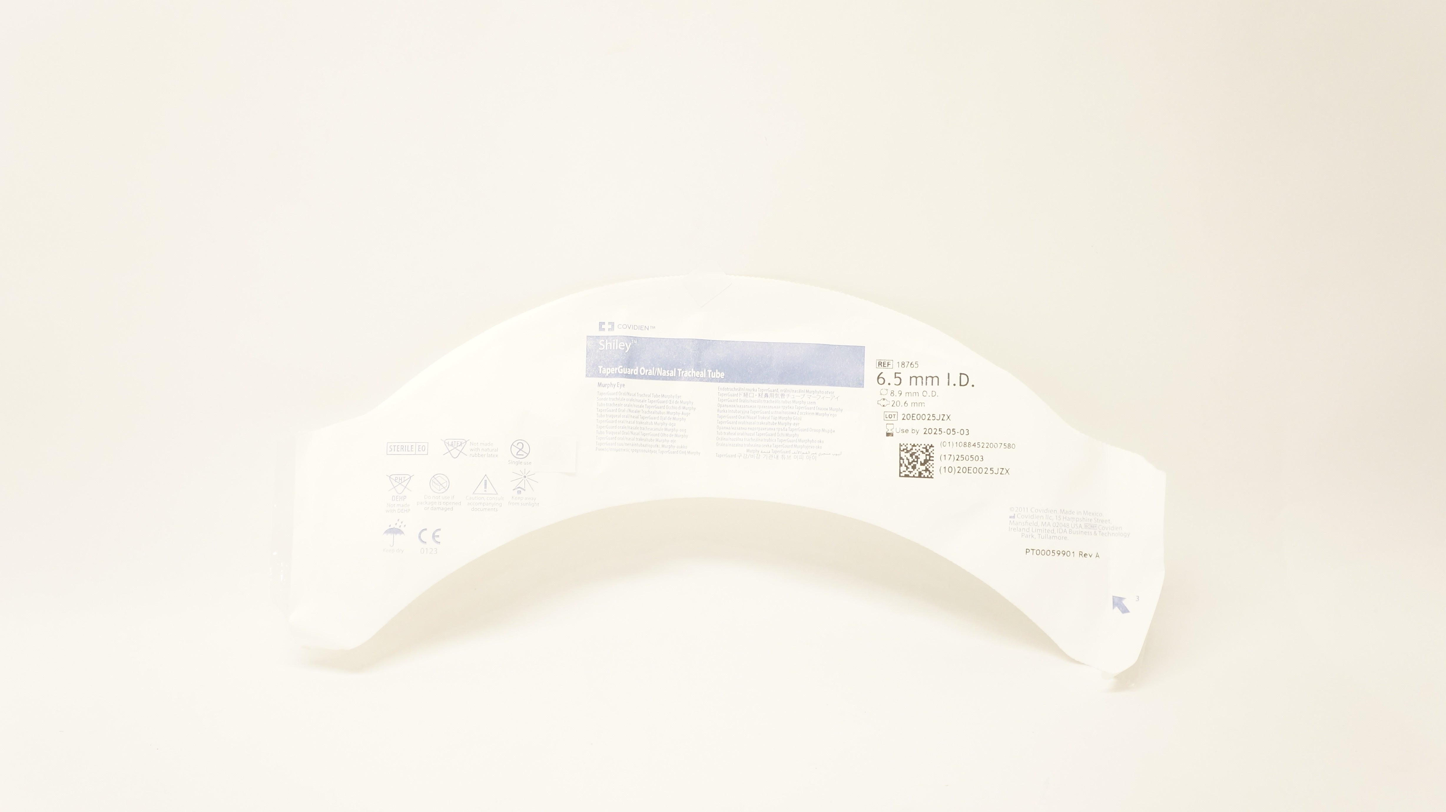 Covidien 18765 TaperGuard Oral/Nasal Tracheal Tube 6.5 x 8.9 x 20.6mm