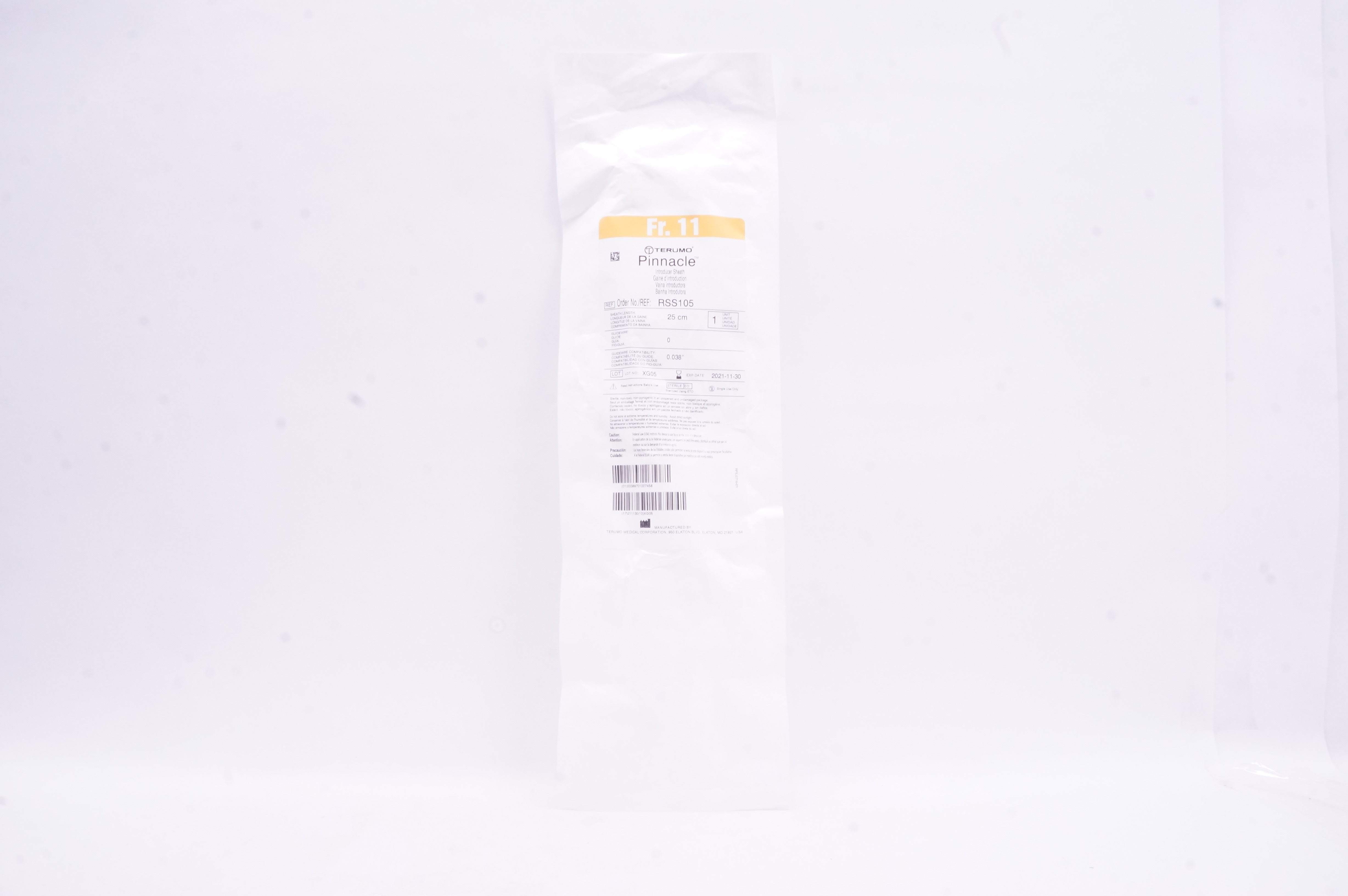 Terumo RSS105 Pinnacle Introducer Sheath 11Fr  25cm x 0.038 inch