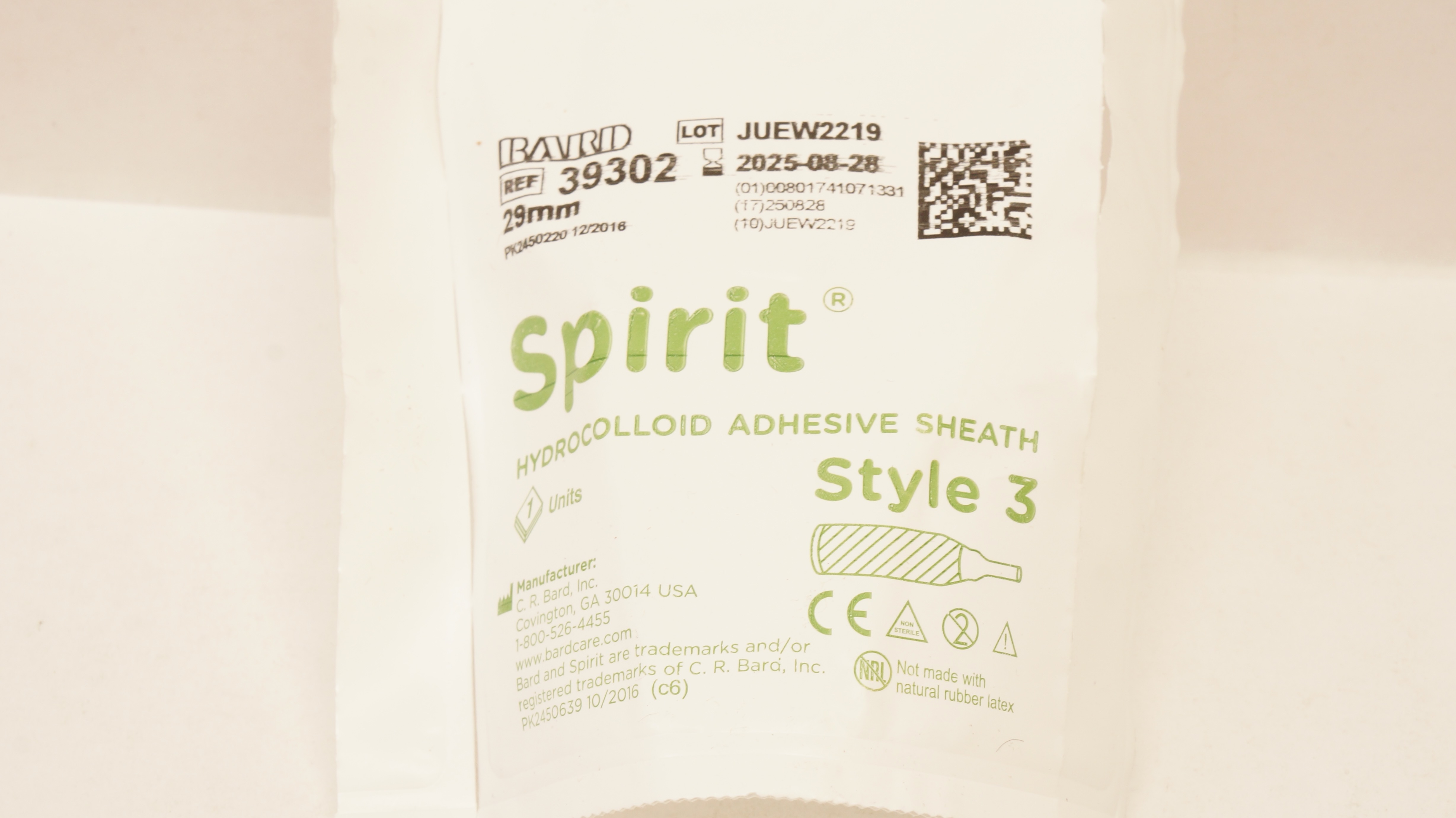Bard 39302 Spirit Hydrocolloid Adhesive Sheath Style 3, 29 mm