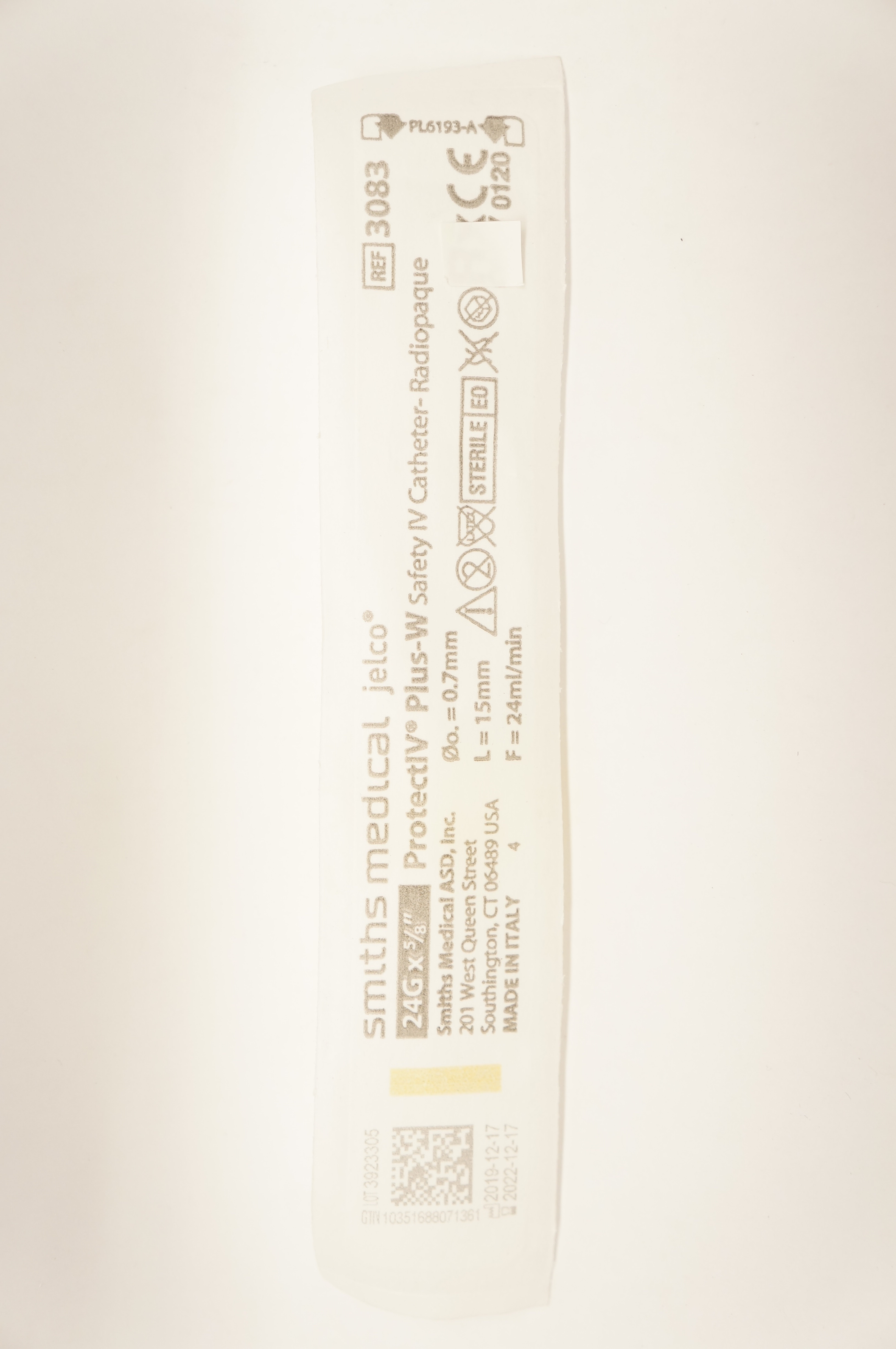 Smiths Medical 3083 Jelco Protect IV Plus-W Safety IV Cath. 24G x 5/8 inch