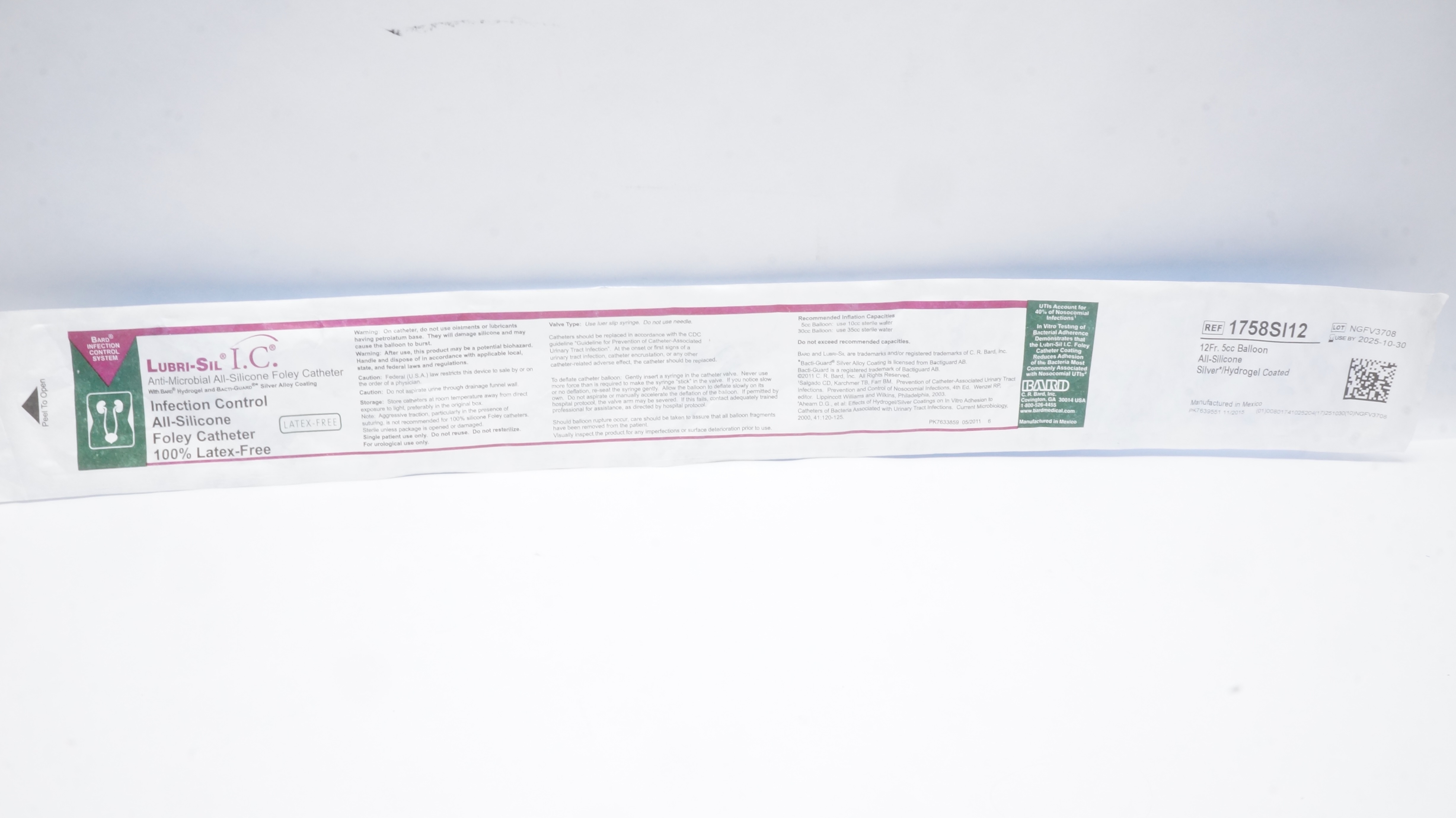 Bard 1758SI12 Lubri-Sil I.C. Anti-Microbial All-Silicone Foley Cath. 12Fr 5cc