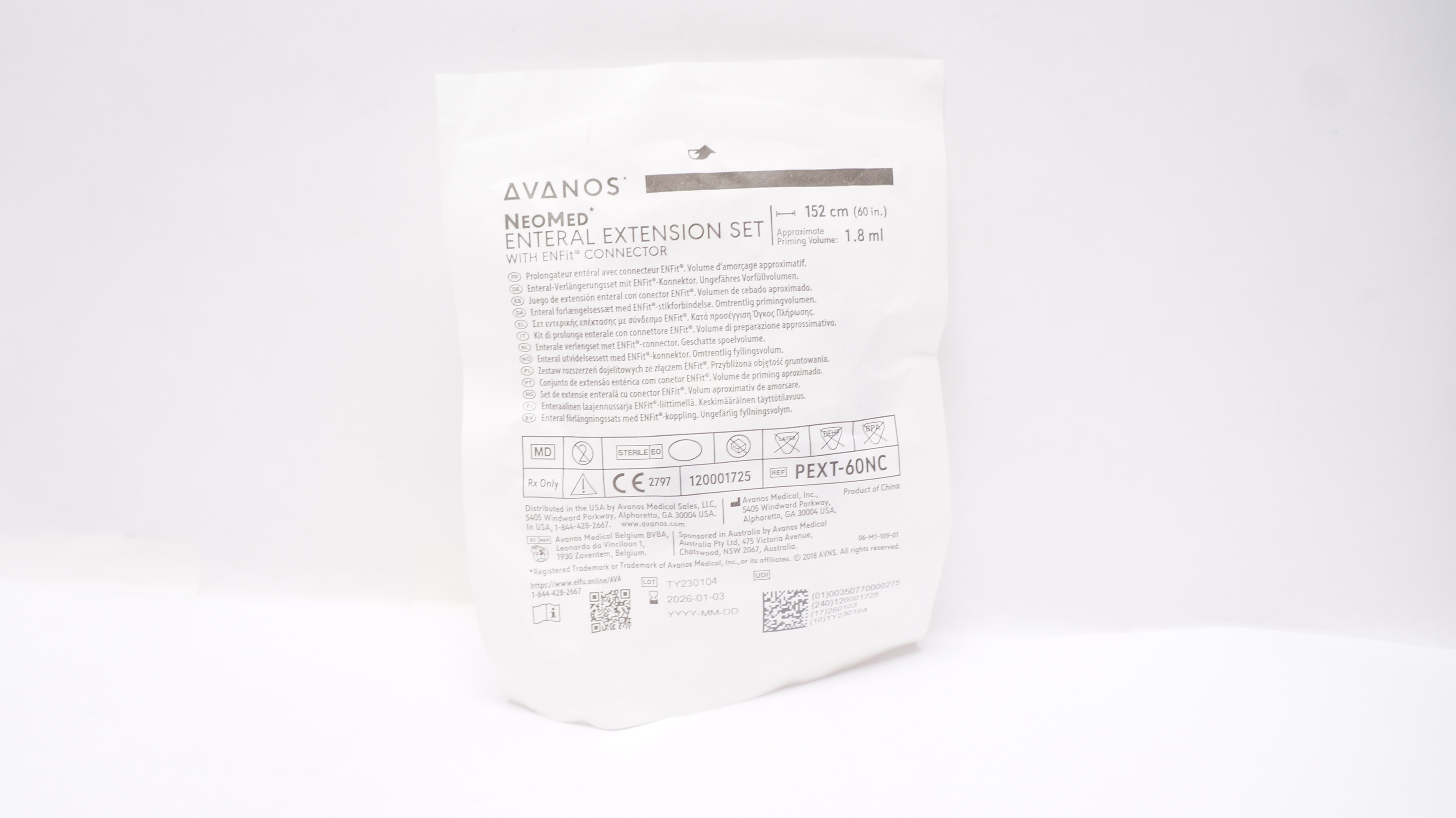 Avanos PEXT-60NC NeoMed Enteral Extension Set w/ENFIT Connector 60inch x 1.8ml