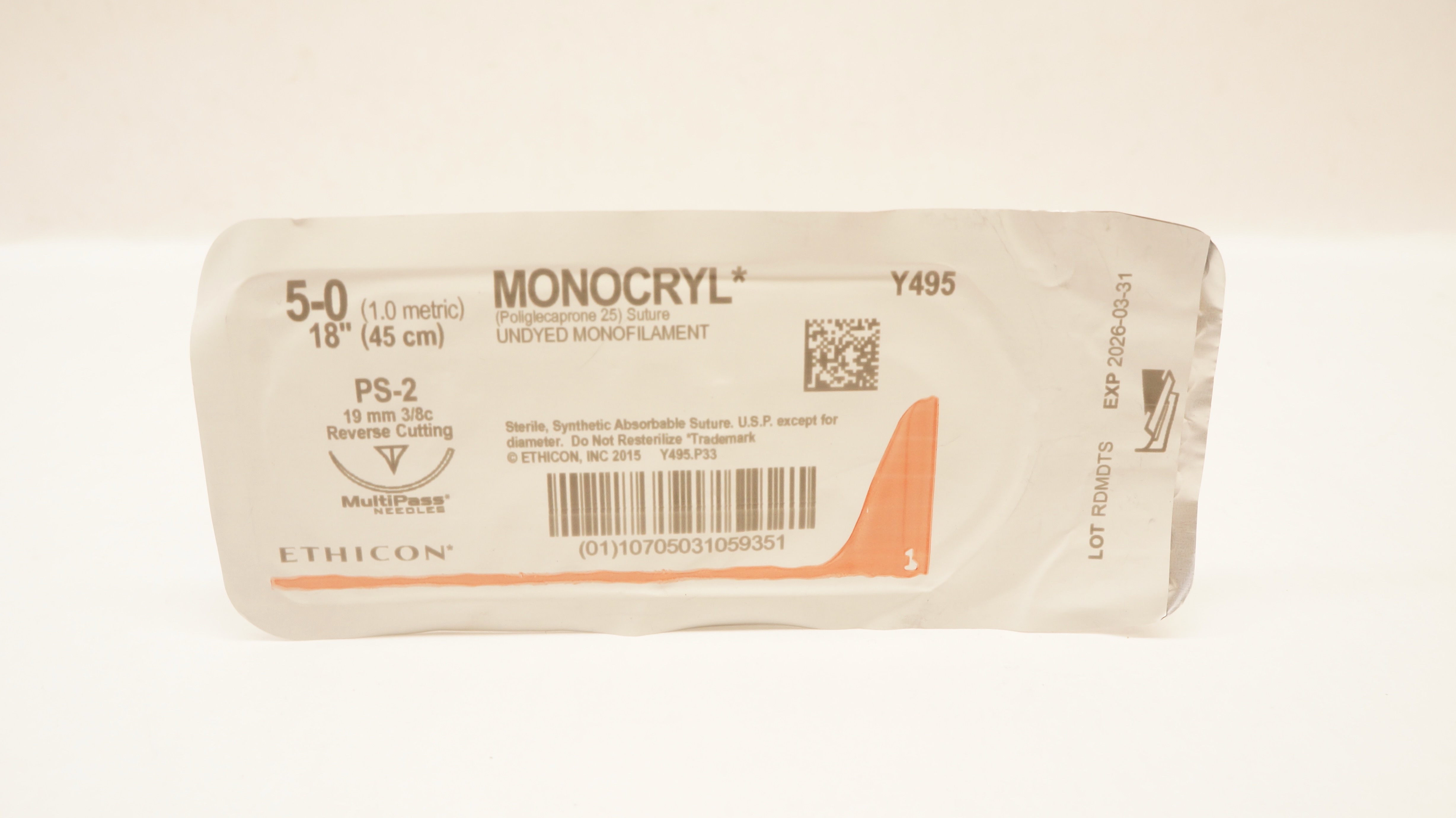Ethicon Y495 5-0 Monocryl Stre Undyed PS-2 19mm 3/8c Reverse Cutting, 18inch