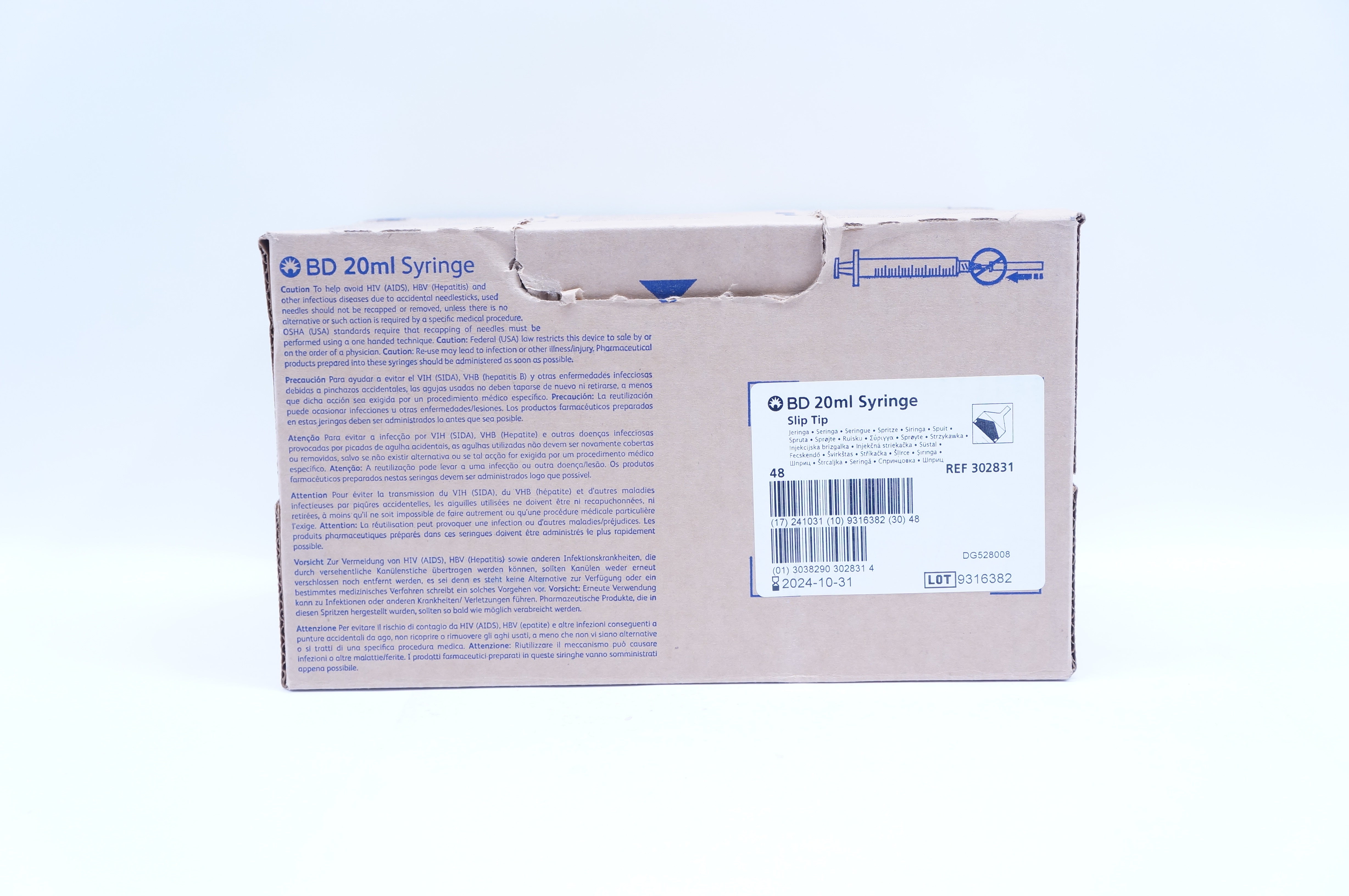 BD 302831 Becton 20ml Syringe Slim Tip ~ Case of 48