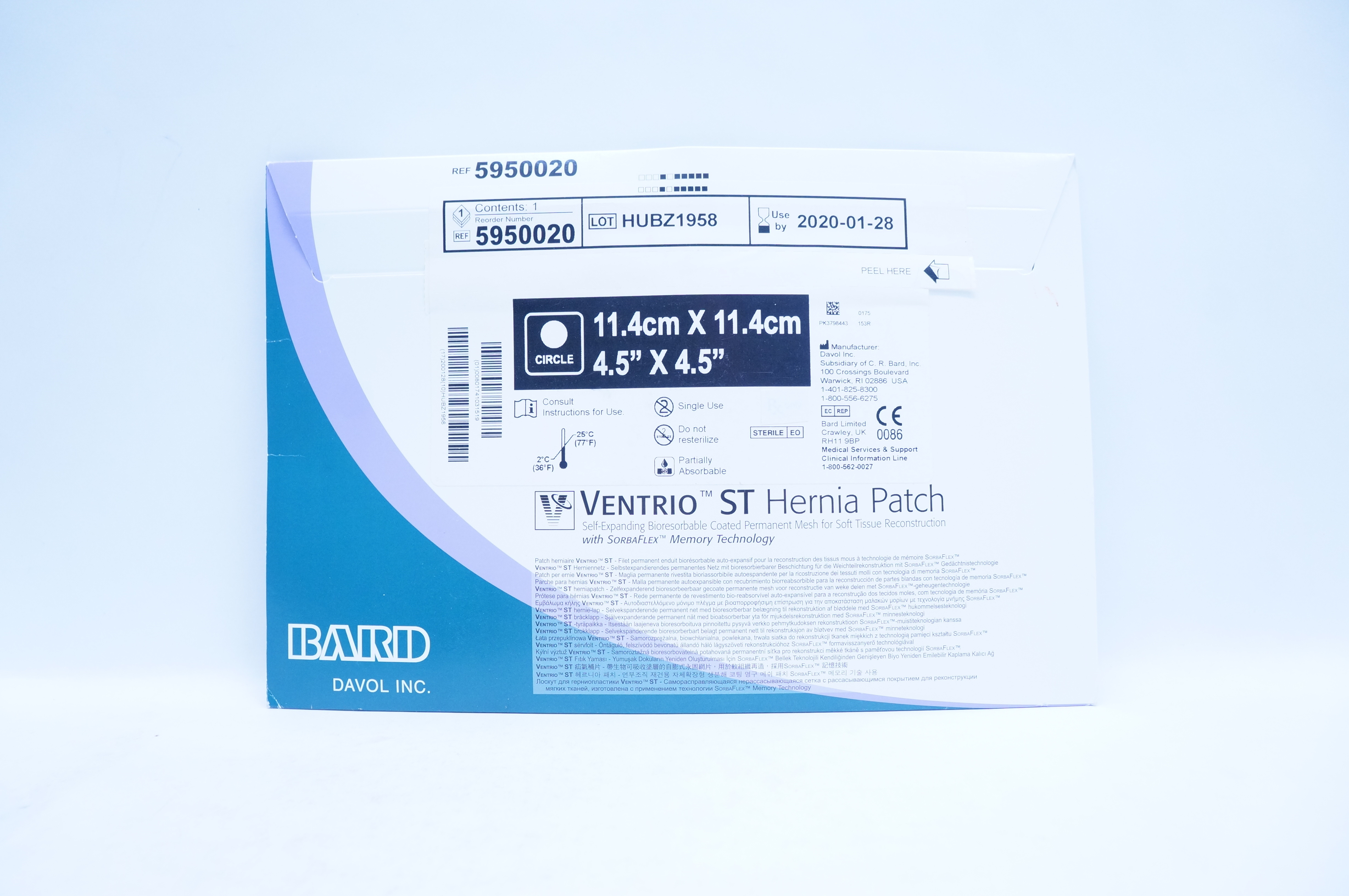 Bard 5950020 Ventrio ST Hernia Patch, Bioresorbable Coated Mesh 4.5x4.5 inch (x)
