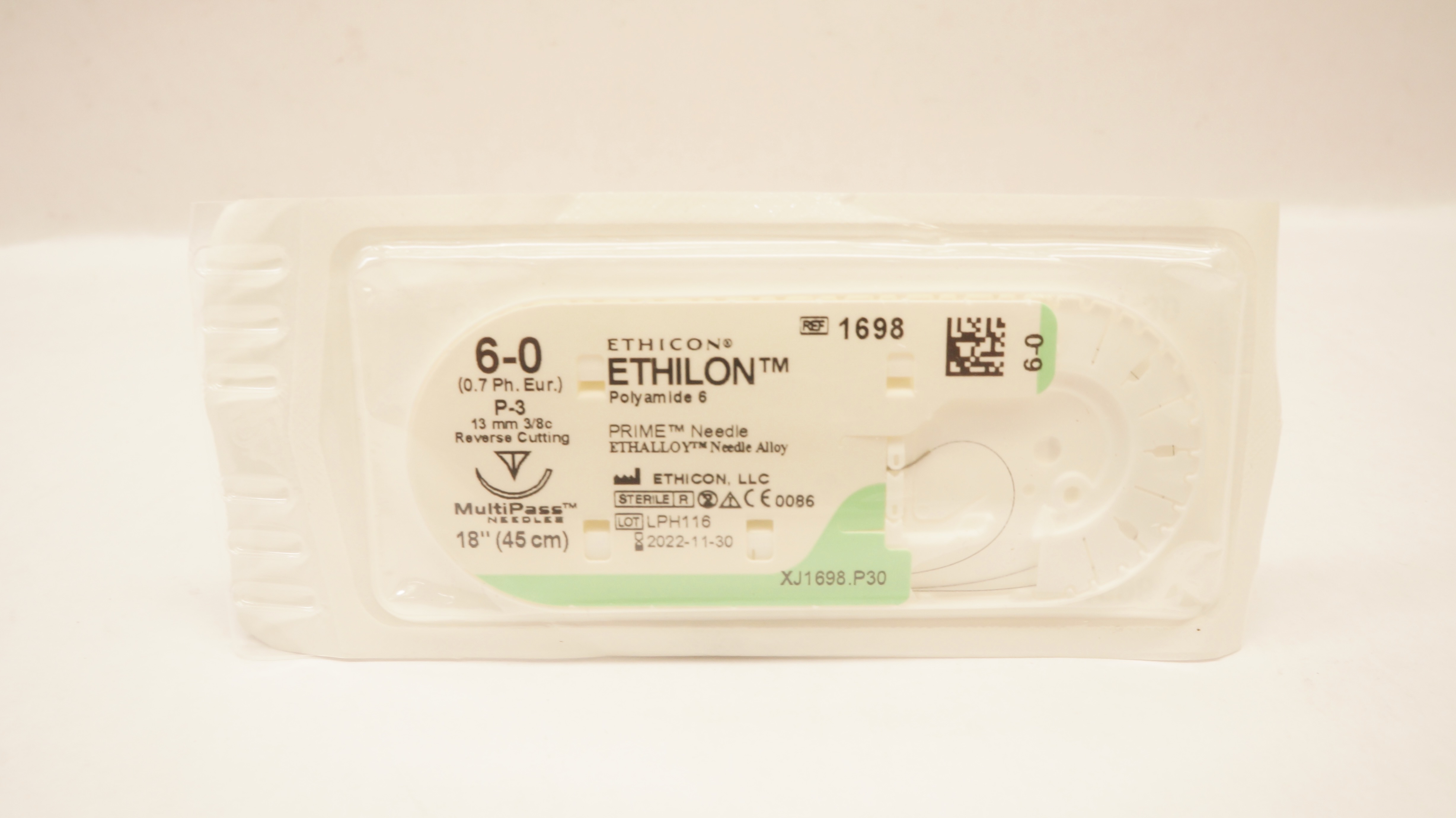 Ethicon 1698 6-0 ETHILON Stre P-3 13mm 3/8c Reverse Cutting, 18inch (x)