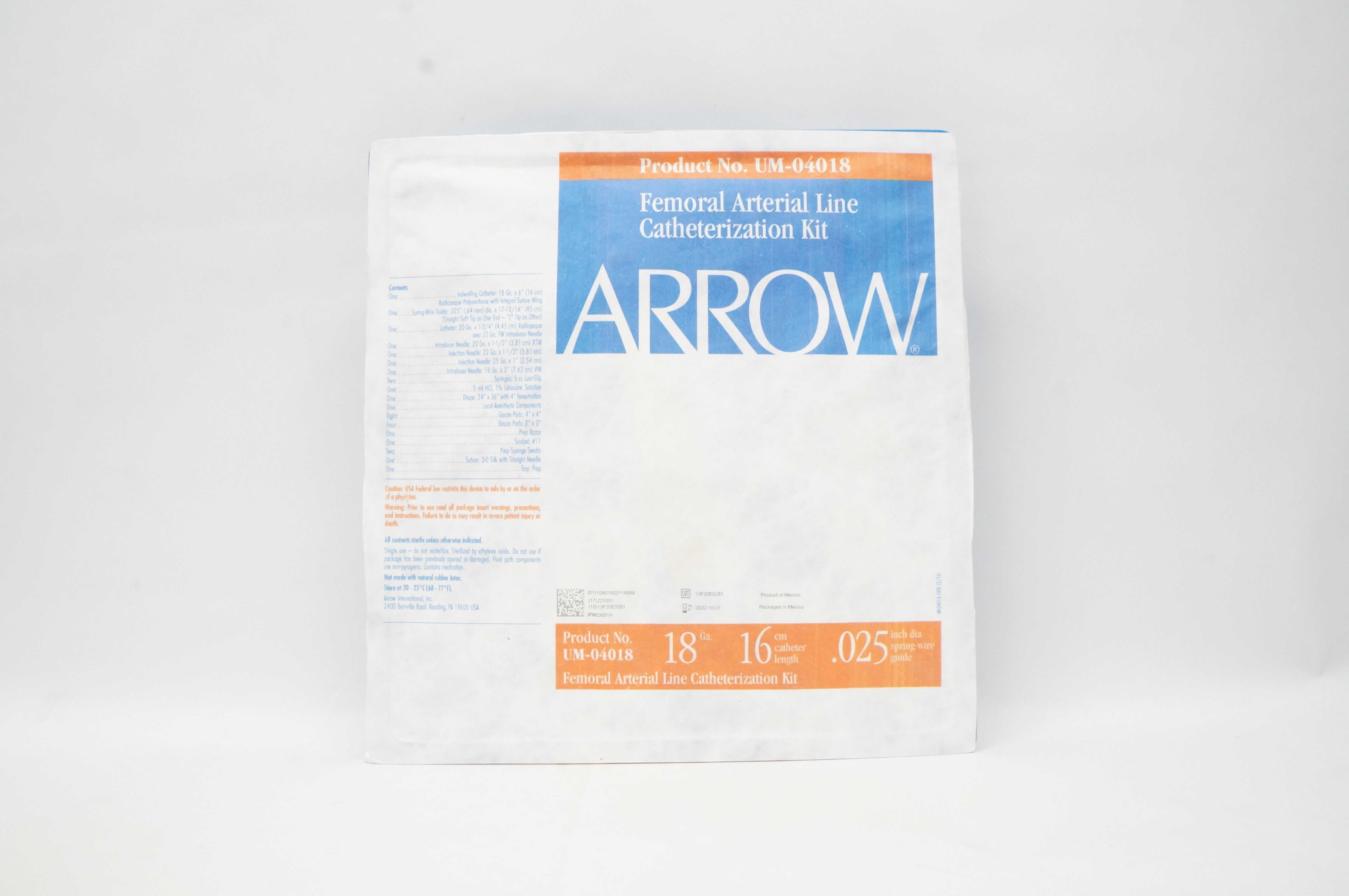 Arrow UM-04018 Femoral Arterial Line Cath. Kit 18Ga x 16 cm x 0.025 inch