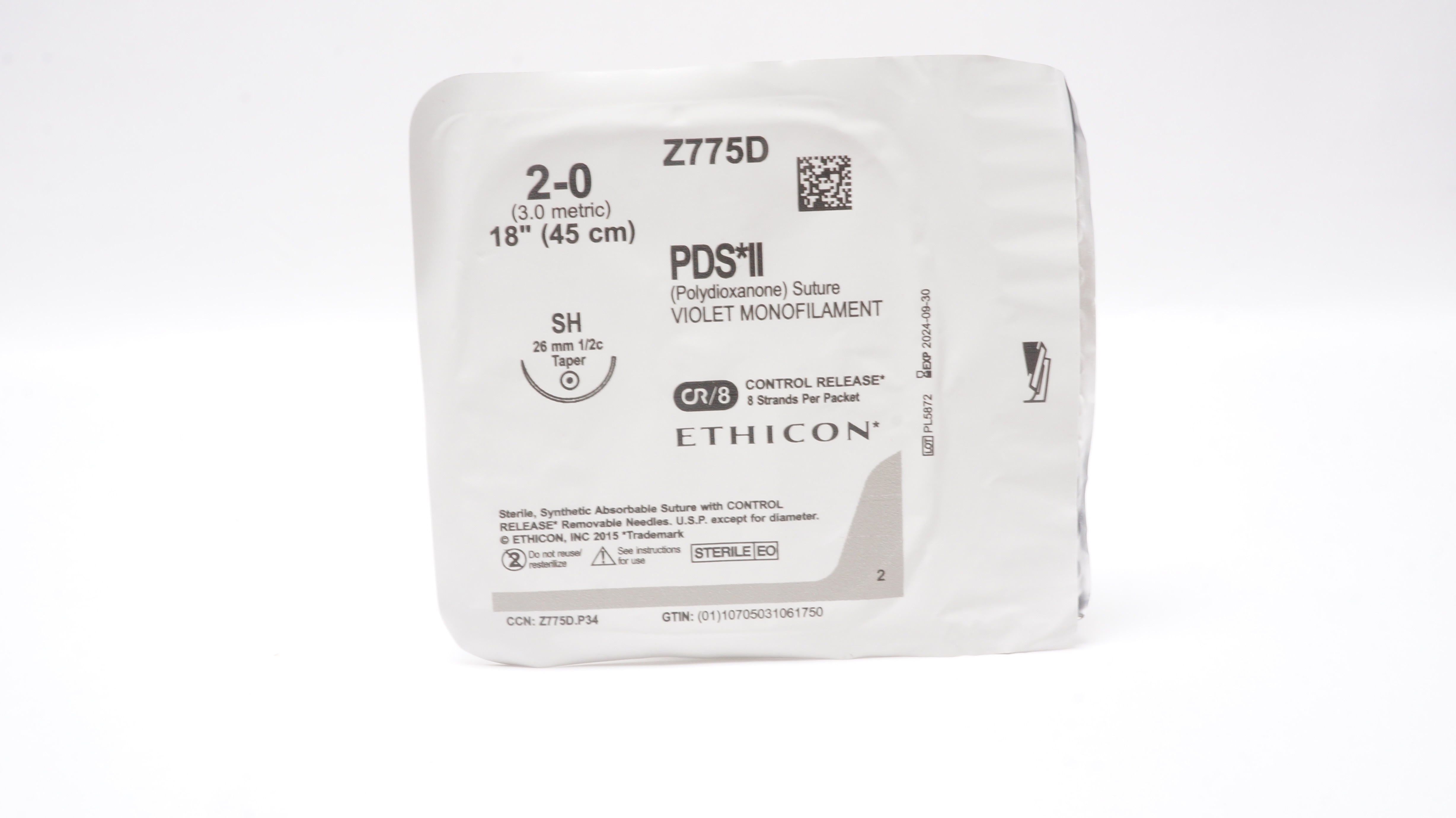 Ethicon Z775D 2-0 PDS II Polydioxanone Stre SH 26mm 1/2c Taper, 18inch CR/8