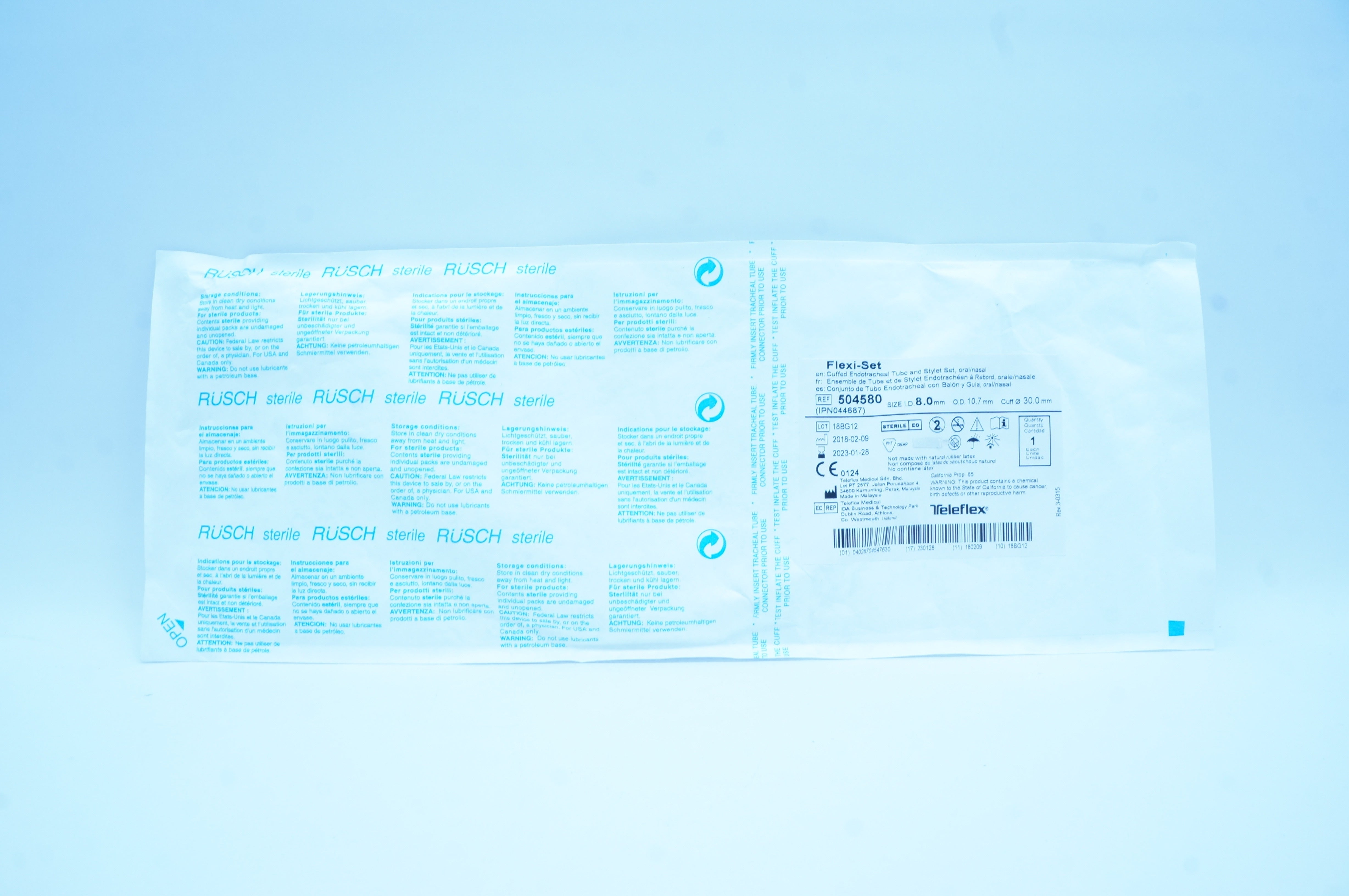 Teleflex 504580 Flexi-Set Endotracheal Tube & Stylet 8.0 ID x 10.7mm OD x 30.0mm