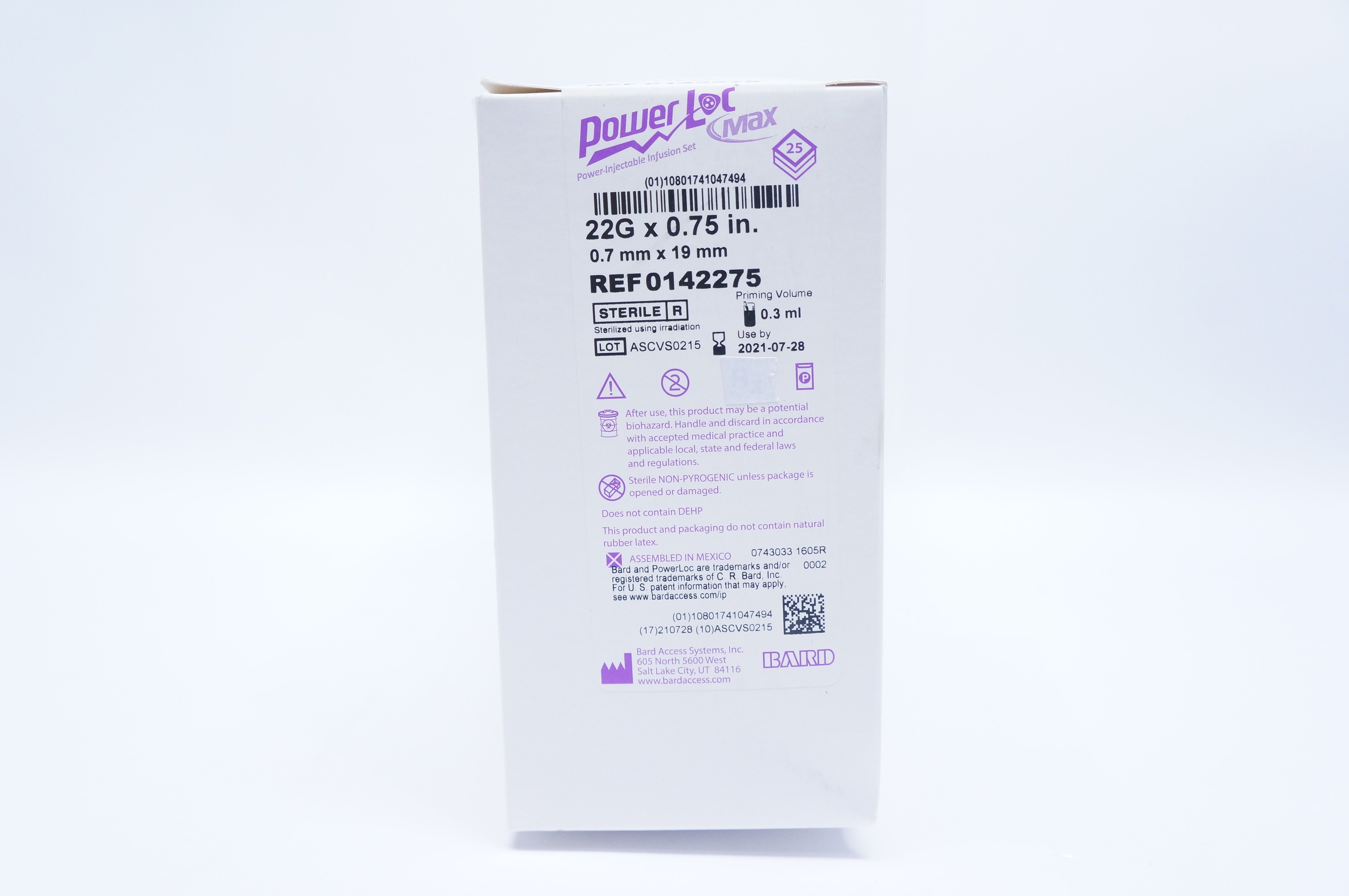Bard 0142275 PowerLoc Max Power-Injectable Infusion Set 22G x 0.75inch - Box of 25