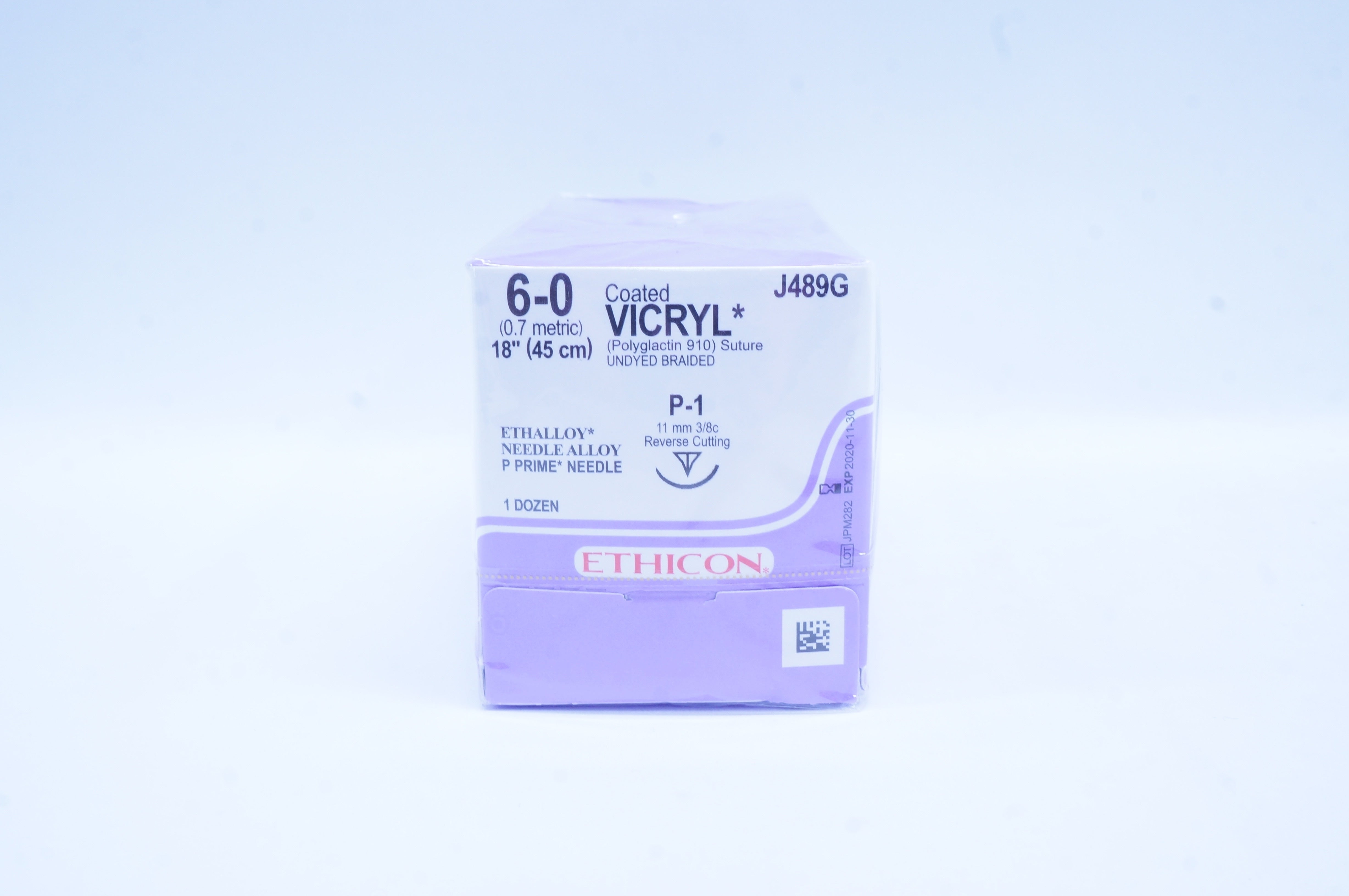 Ethicon J489G 6-0 Coated VICRYL P1 11mm 3/8c Reverse Cutting,18in (x)-Box of 12