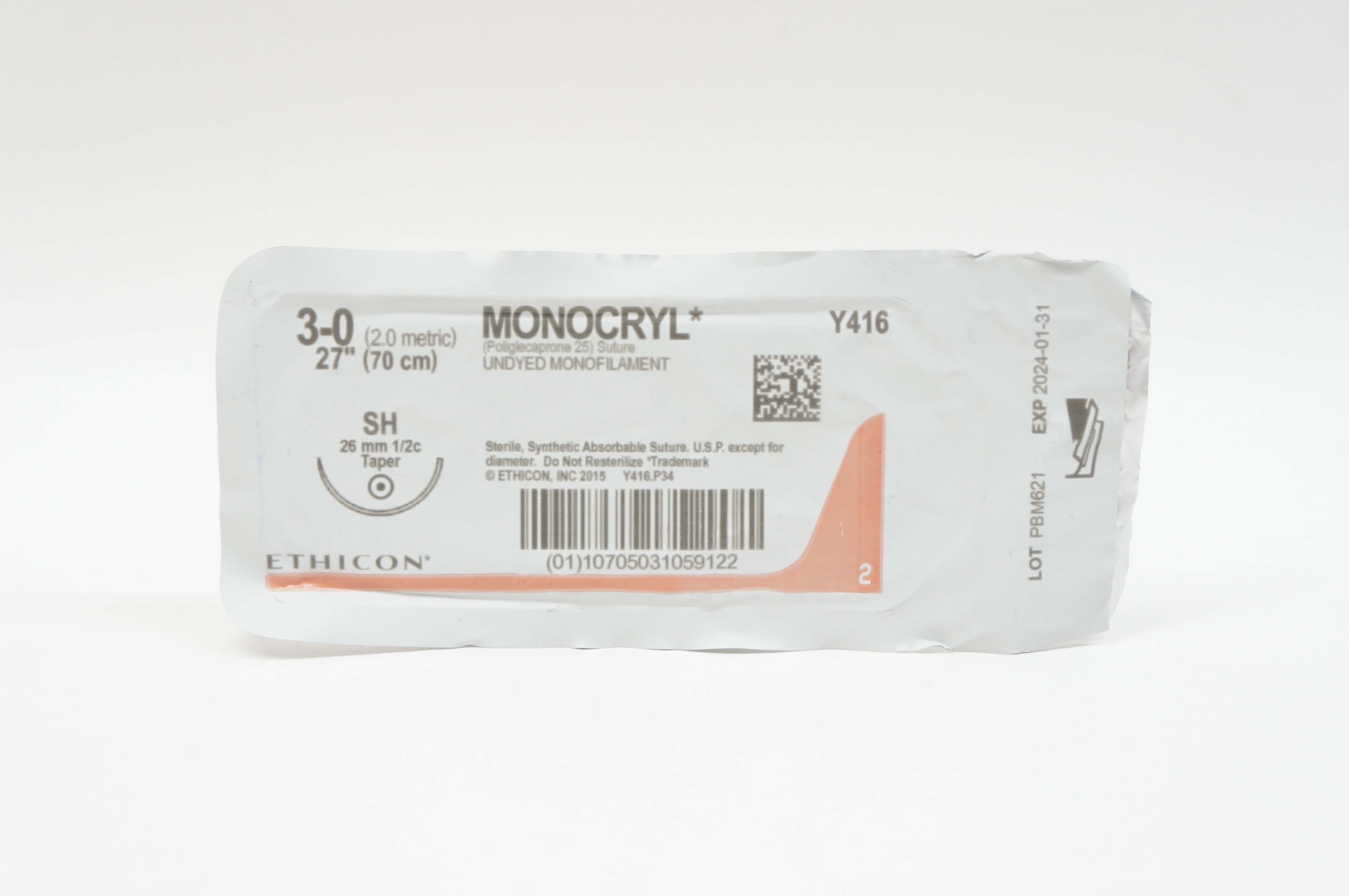 Ethicon Y416 3-0 MONOCRYL, SH, 26mm 1/2c Taper, 27inch