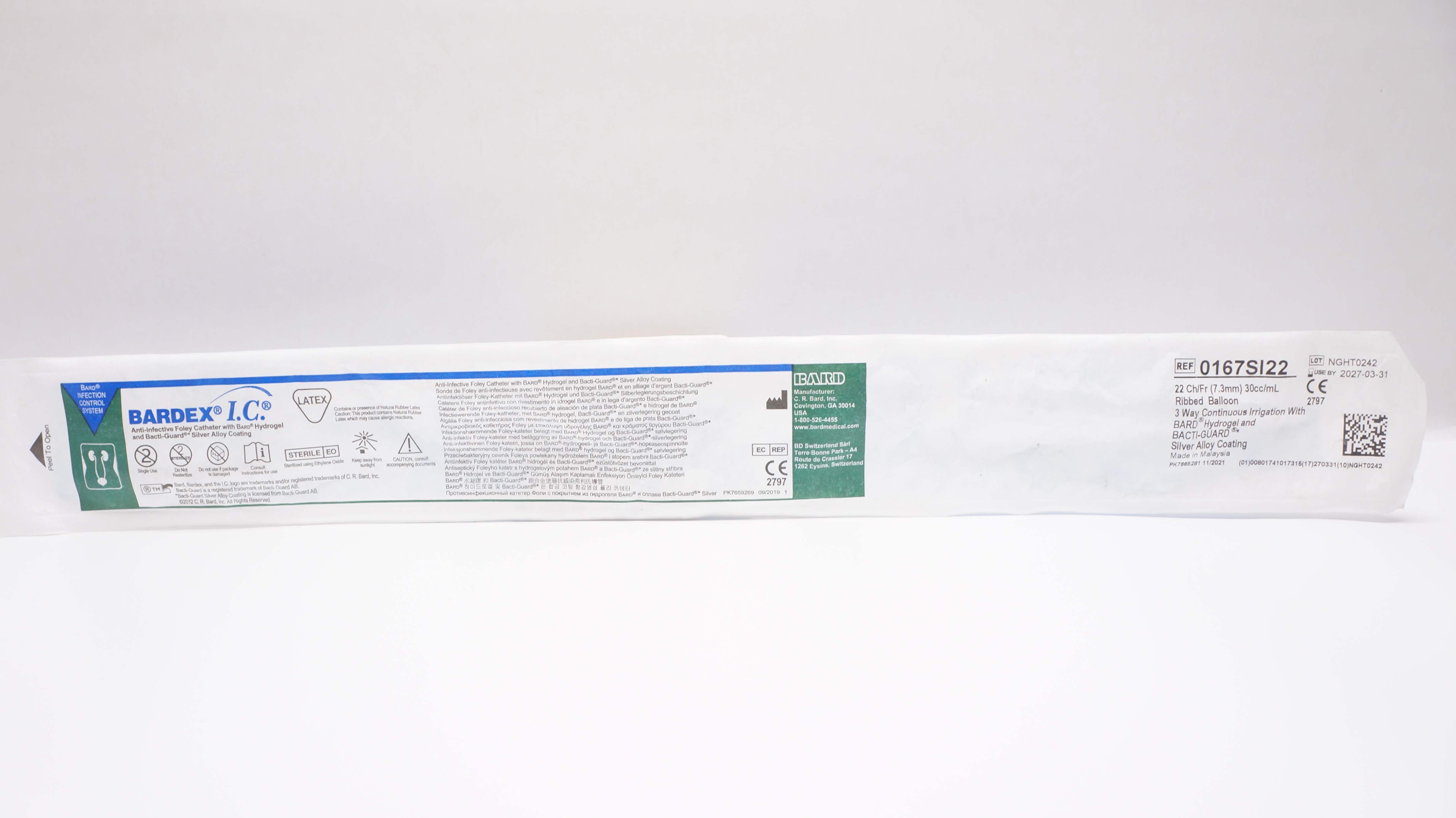 Bard 0167SI22 Bardex I.C. Anti-Infective Cath. 22Ch/Fr 30cc/mL Ribbed Balloon