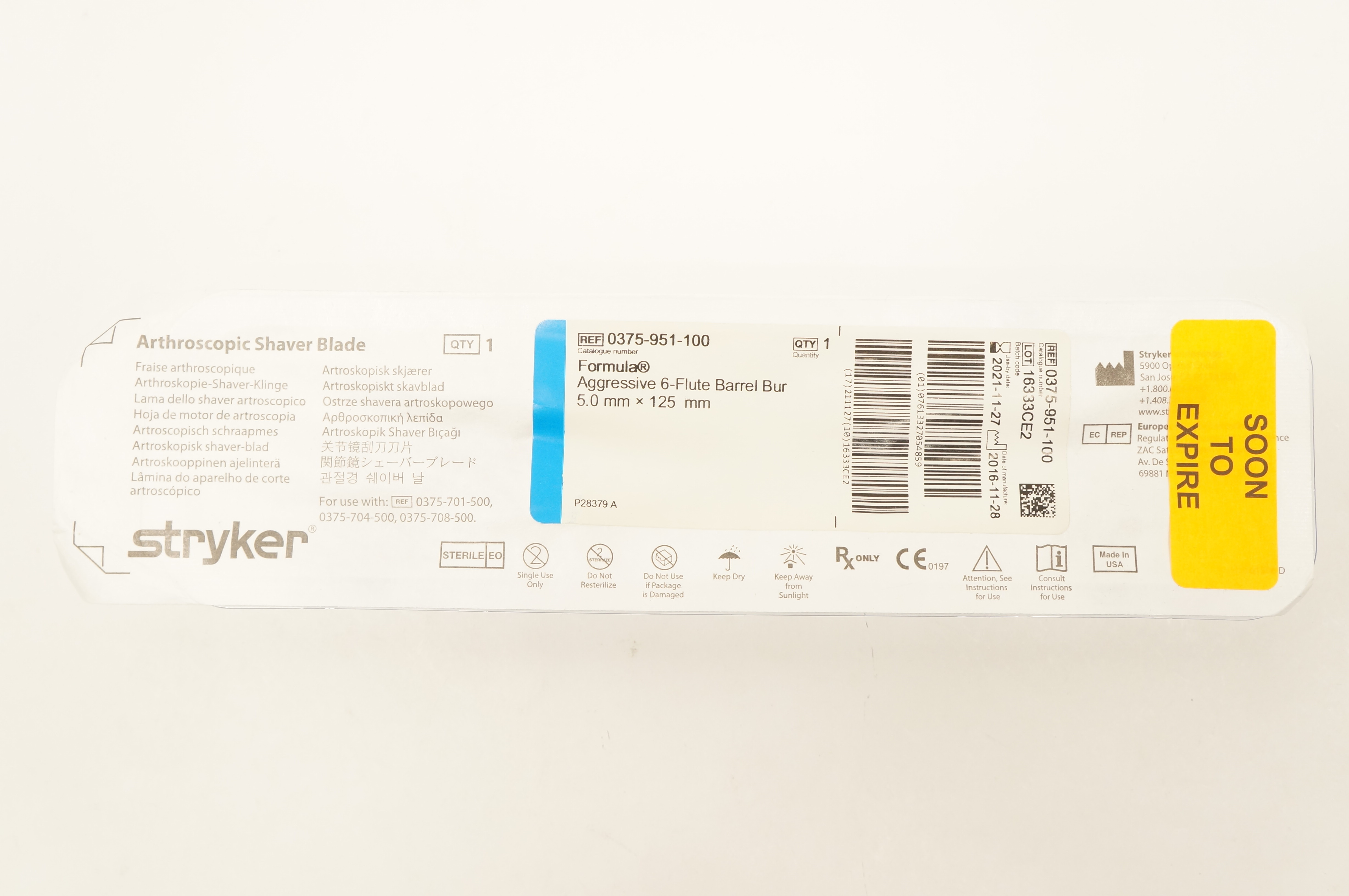 Stryker 0375-951-100 Formula Aggressive 6-Flute Barrel Bur 5.0mm x 125mm (x)