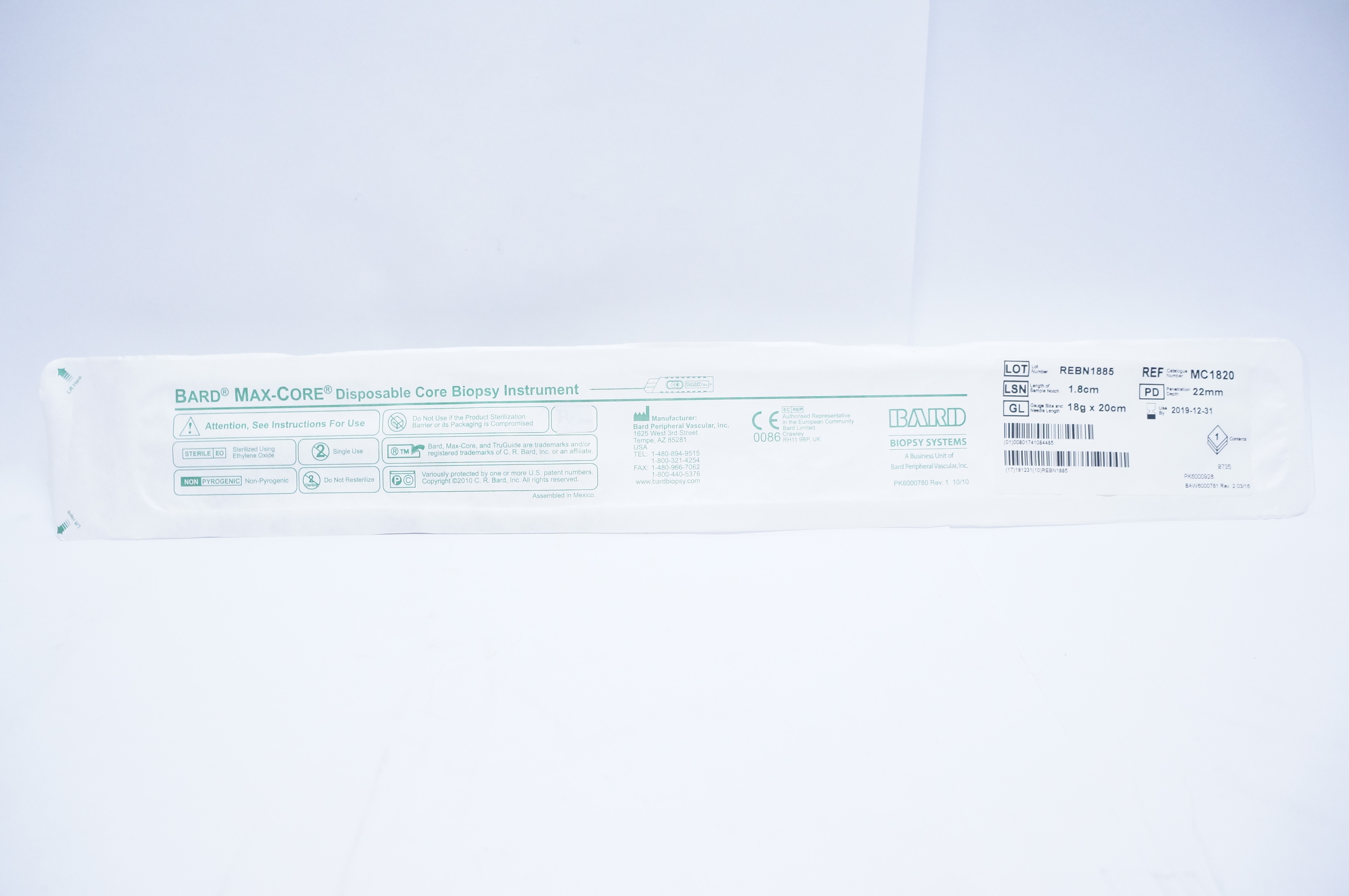 Bard MC1820 MAX-CORE Disposable Core Biopsy Instrument, 18G x 20cm (x)