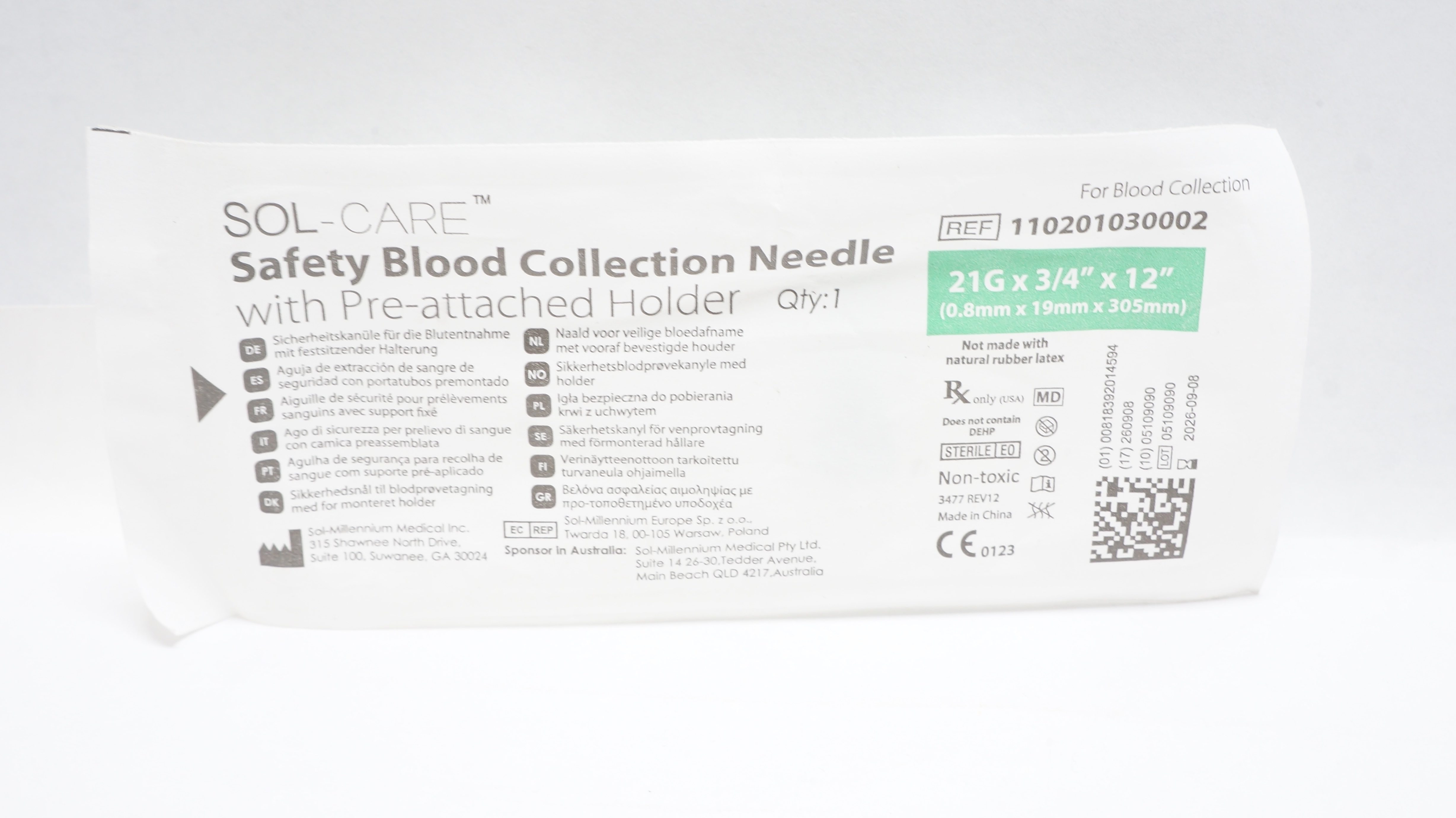 SOL-Care 110201030002 Safety Blood Collection Ndle 23G x 3/4inch x 12inch