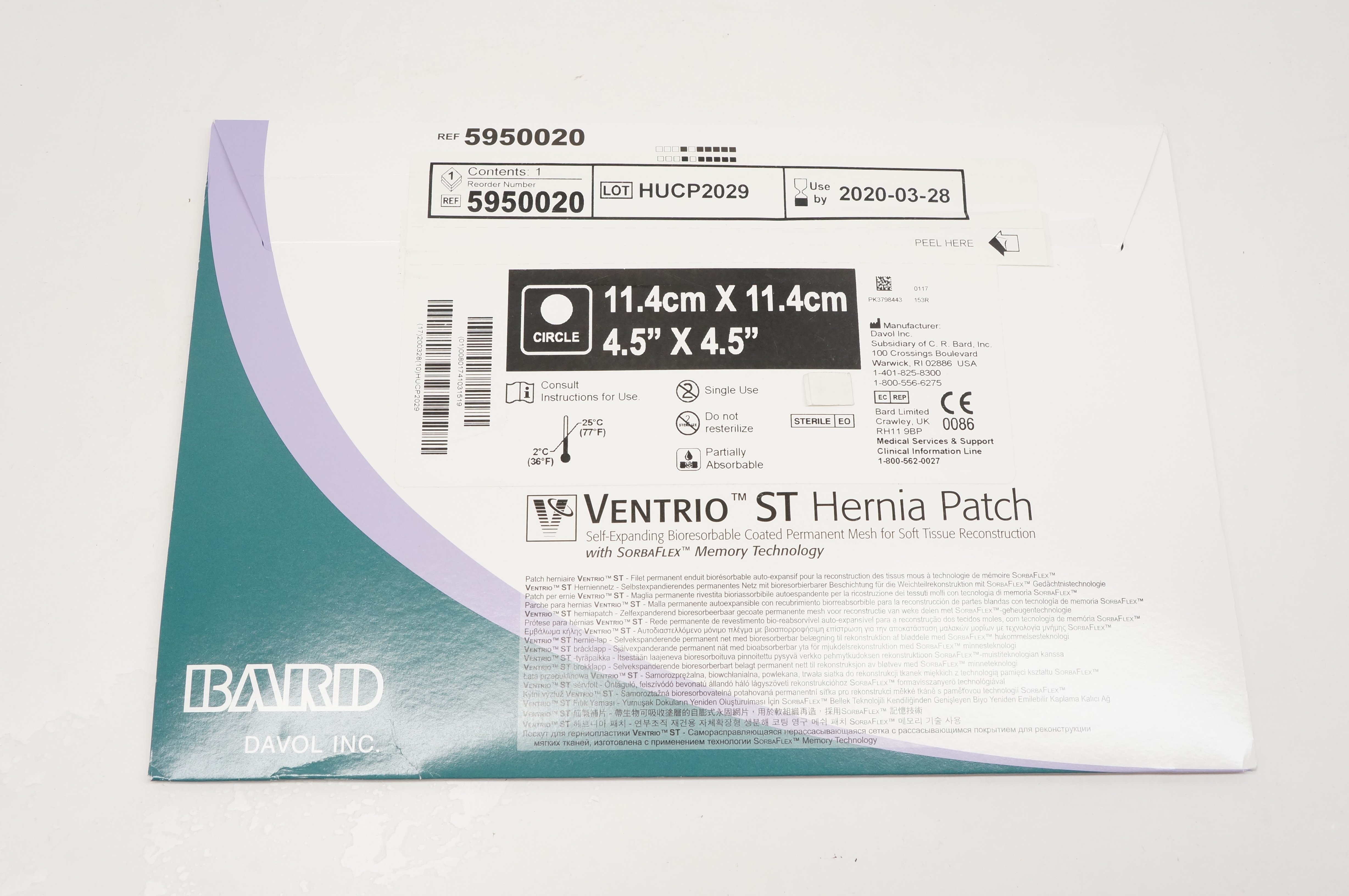 Bard 5950020 Ventrio ST Hernia Patch 4.5inch x 4.5inch (x)