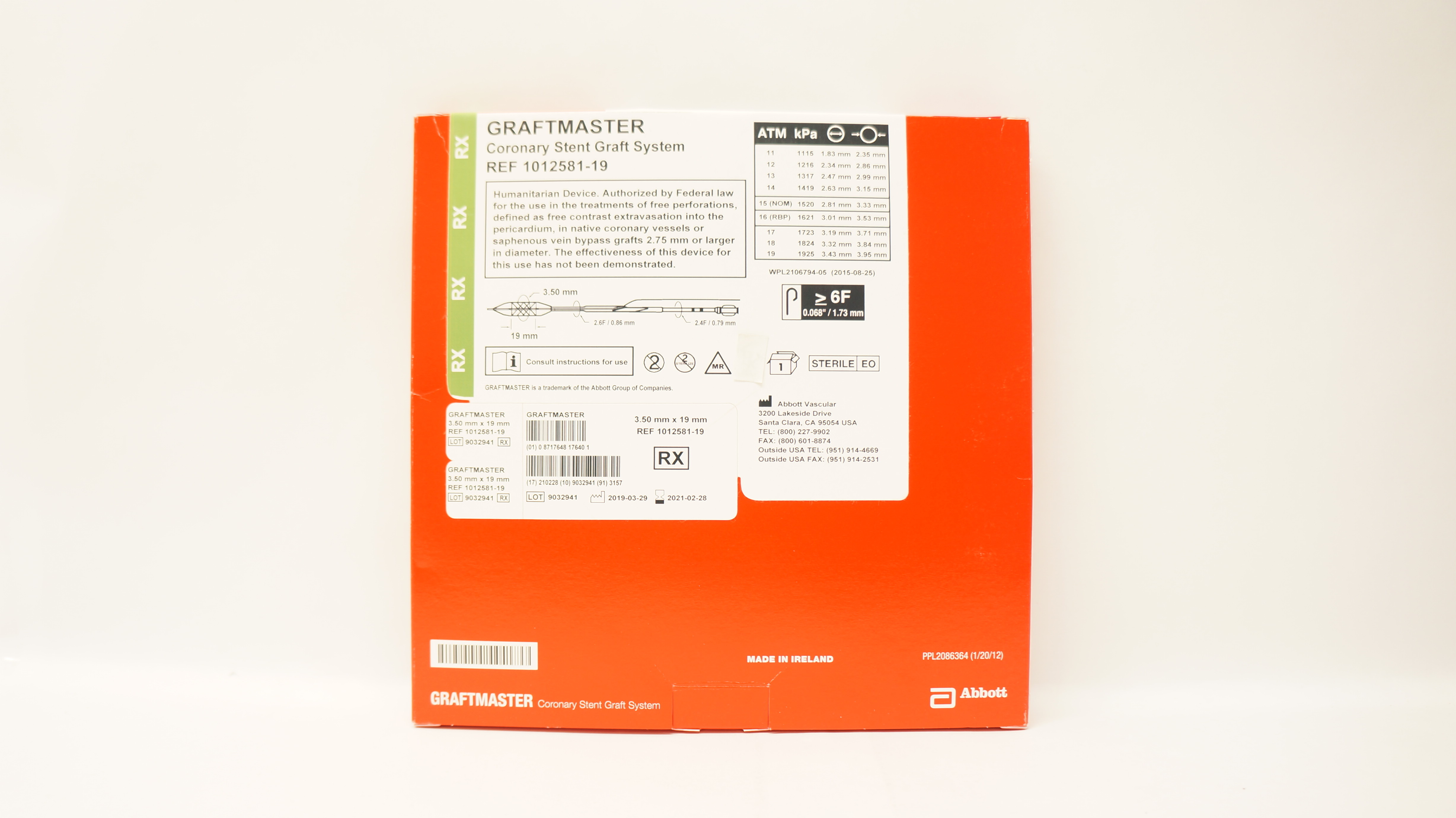 C013d Abbott 1012581-19 GRAFTMASTER Coronary Stnt Graft System 3.50mm x 19mm (x)