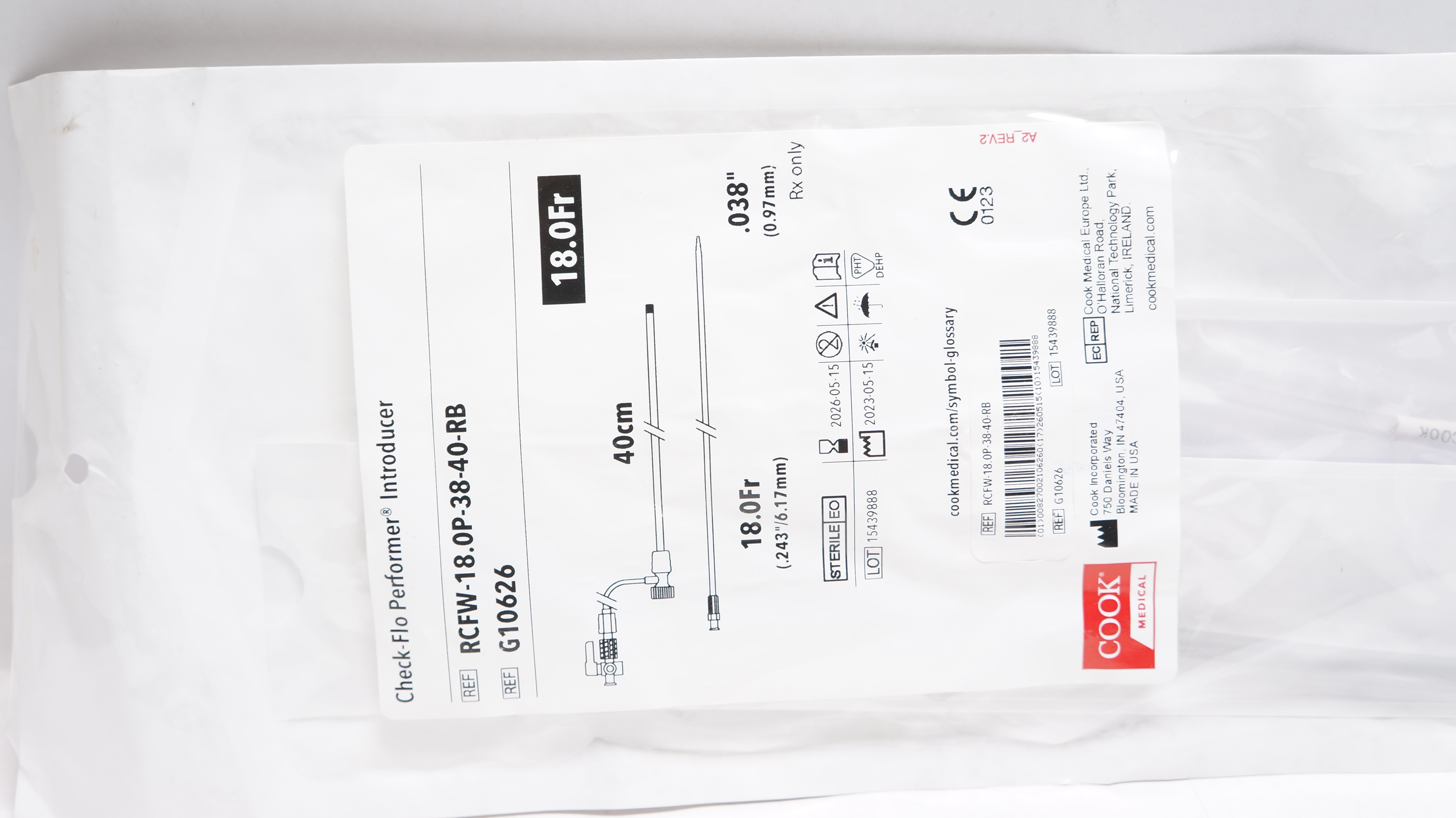 Cook Medical G10626 Check-Flo Performer Introducer 18.0Fr x 0.038inch x 40cm