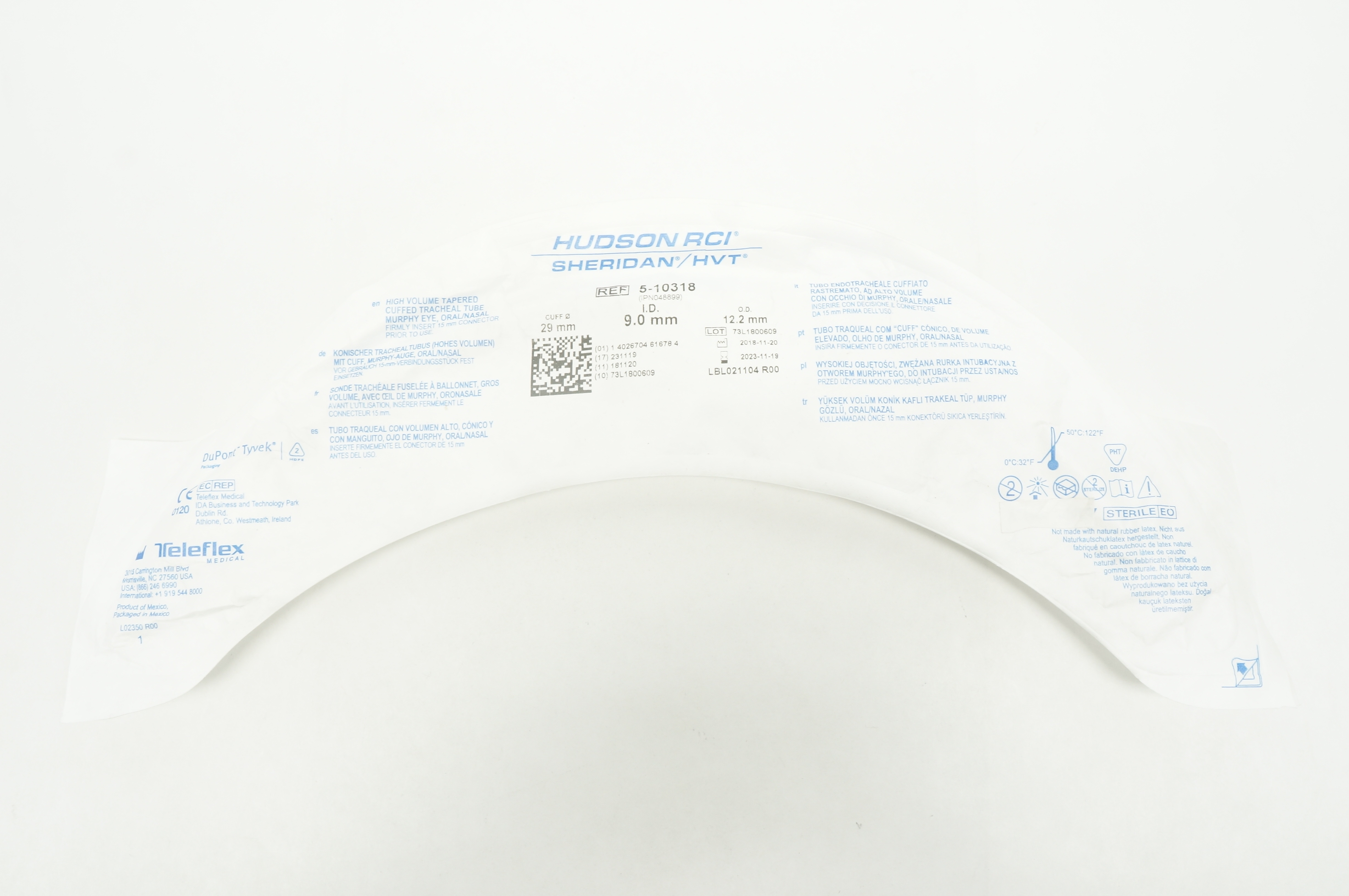 Teleflex 5-10318 Hudson RCI Sheridan Cuffed Tracheal Tube 9.0 x 12.2 x 29mm