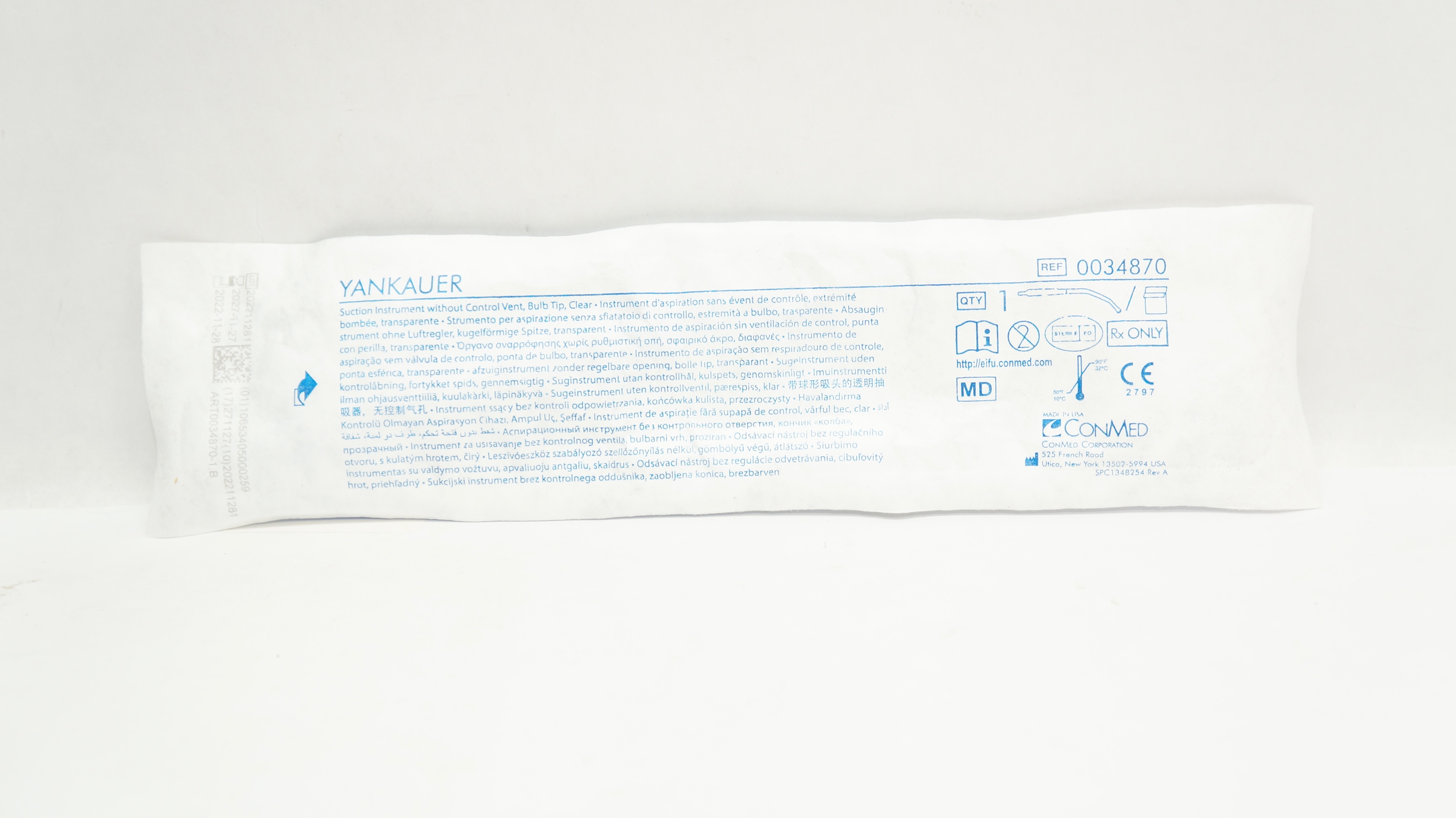 Conmed 0034870 Yankauer Suction Instrument without Control Vent, Bulb Tip, Clear