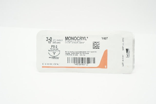 Ethicon Y497 3-0 MONOCRYL Stre PS-2 19mm 3/8c Reverse Cutting, 18inch (x)