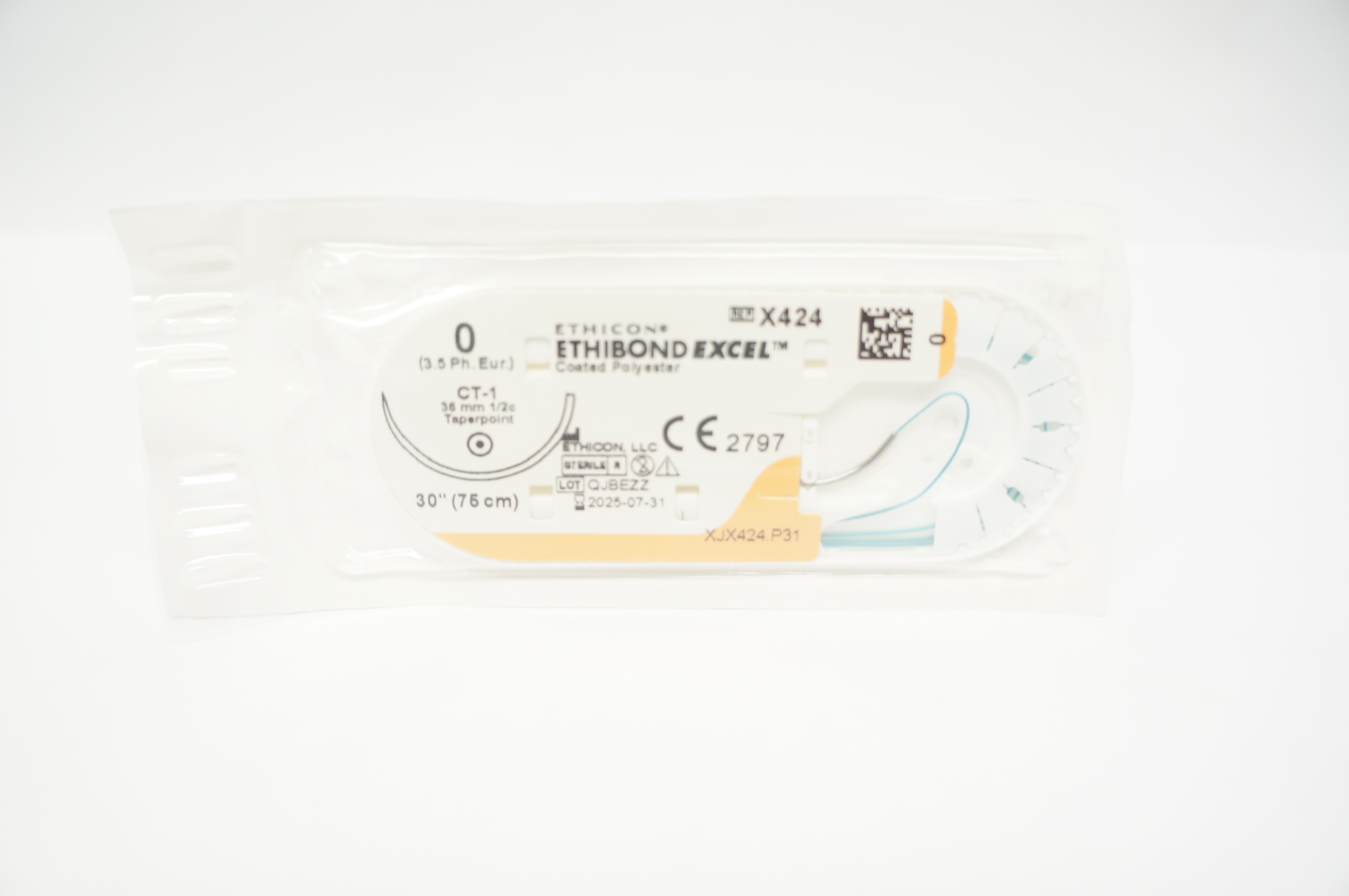 Ethicon X424 0 ETHIBOND EXCEL Coated Polyester CT-1 36mm 1/2c Taper, 30inch
