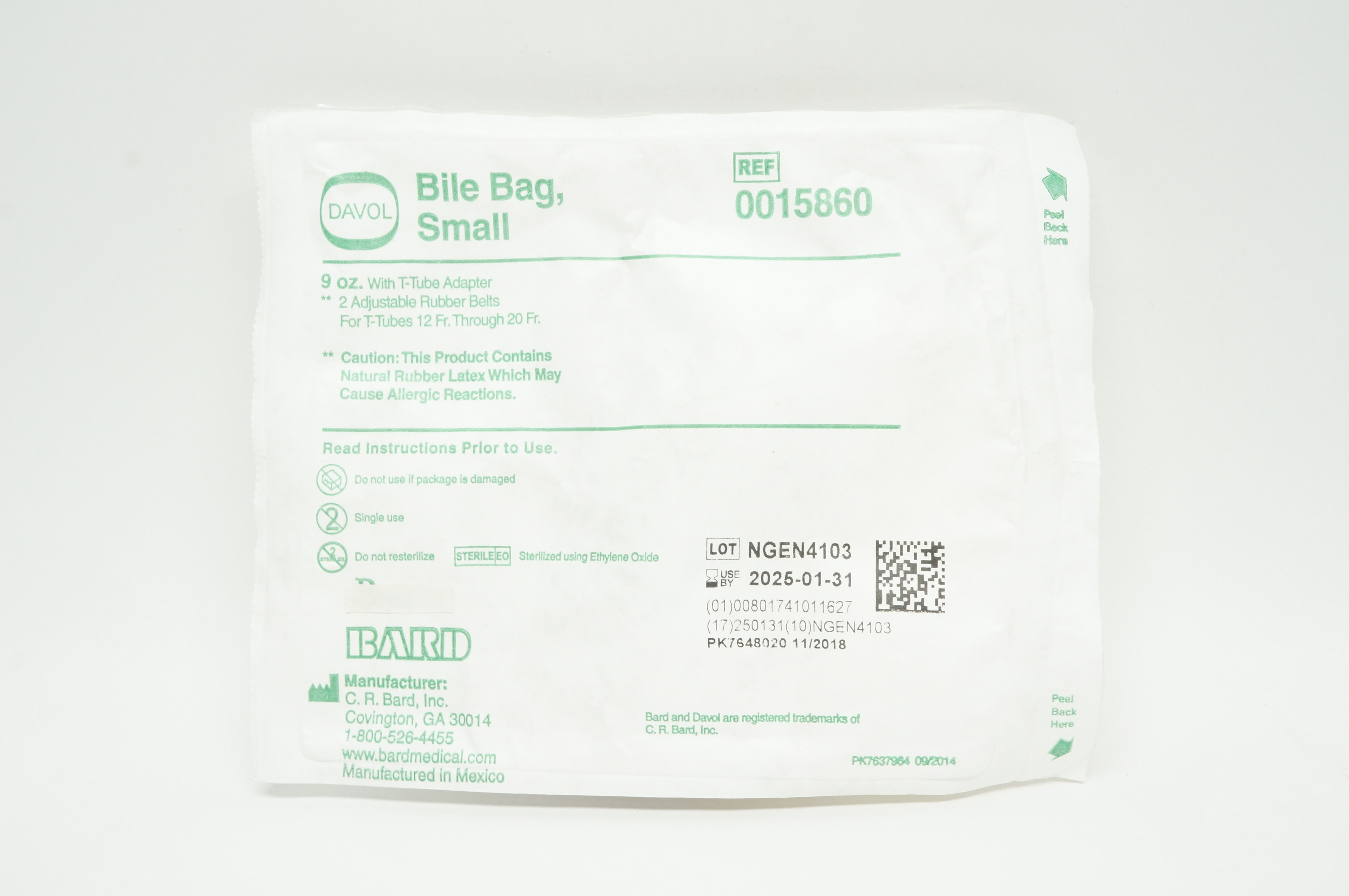 Bard 0015860 Davol Bile Bag Small 9oz with T-Tube Adapter